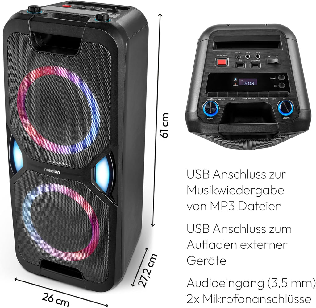 MEDION P61468 Party-Soundsystem (Altoparlante da festa con microfono, Karaoke, Batteria, Radio FM, Bluetooth 5.0, Sistema compatto, 2x 220 Watt, LED colorati, USB, AUX, 2x connettori per microfono)