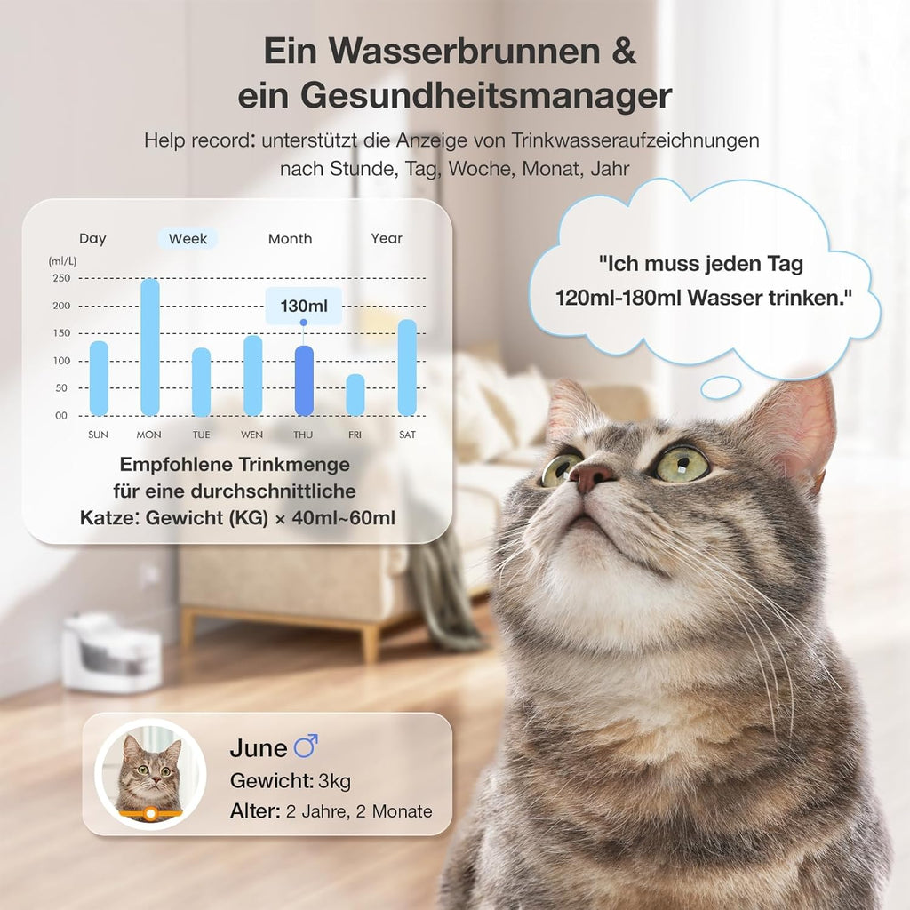 PETGUGU Katzenbrunnen für Katzen: Trinkbrunnen für Katze mit kabelloser Pumpe, 2L, Ultra-leise, Katzenbrunnen mit Bewegungssensor, Fernbedienung App und Datenüberwachung, WiFi 2,4 G (PF1)