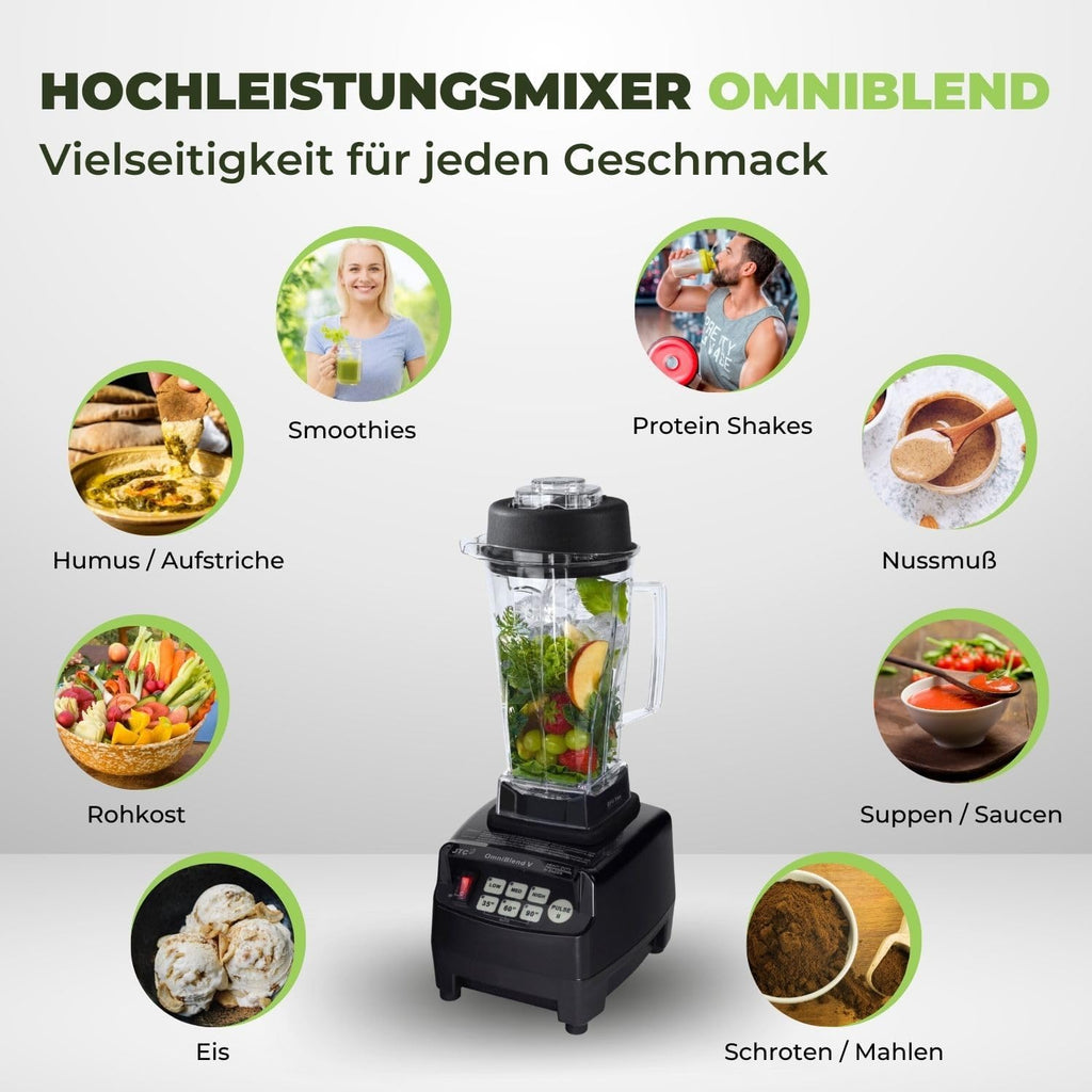 OmniBlend Smoothie Maker 2L in schwarz I Smoothie Mixer inkl. BPA-freiem Behlter & 6-Klingen-System aus Edelstahl I Mixer Smoothie Maker ideal für grüne Smoothies I Standmixer mit 3 PS Motor