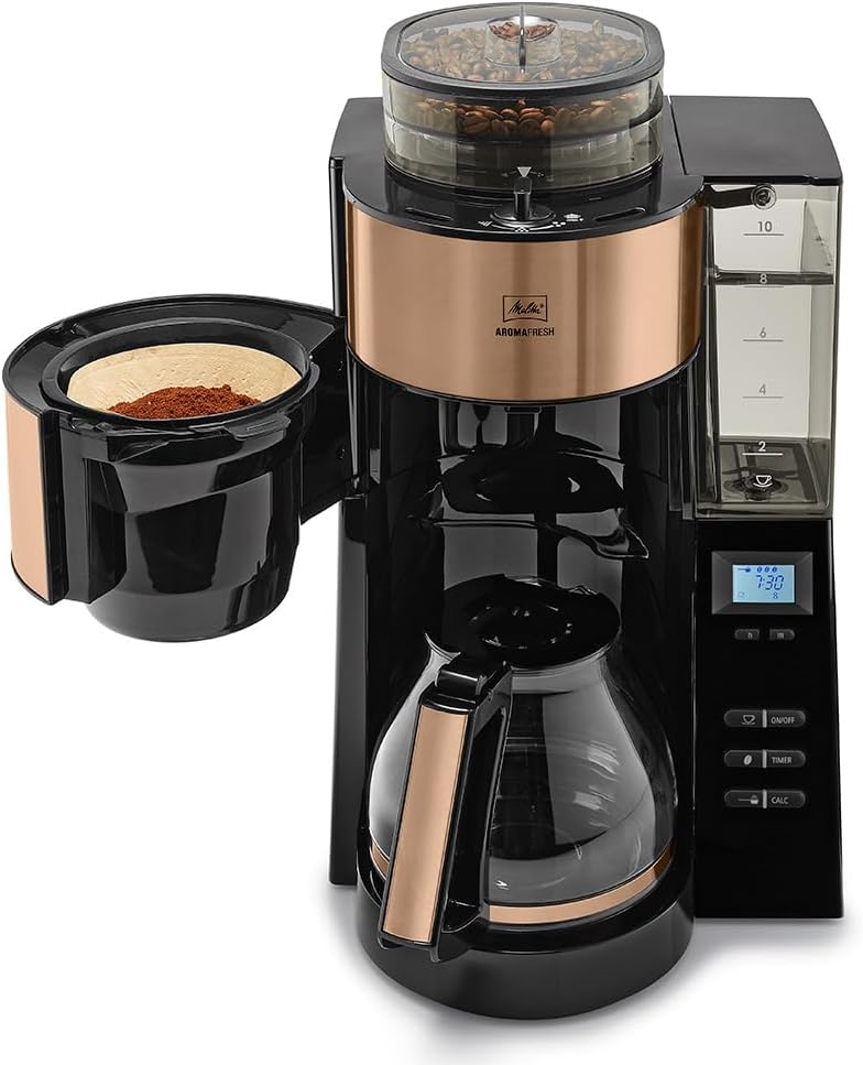 Melitta AromaFresh - Macchina da caffè con filtro - con caraffa in vetro - macinacaffè integrato - funzione timer - 10 tazze - Pure Black