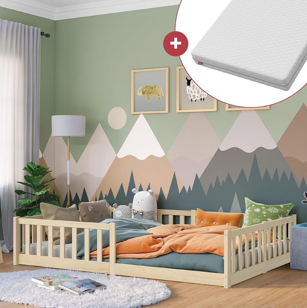 Bellabino Vere Letto a Pavimento 140x200 Montessori, Letto Matrimoniale con Protezione Anticaduta e Rete a Doghe, Letto per Bambini e Bambine in Legno Massello di Pino Bianco con Sbarre