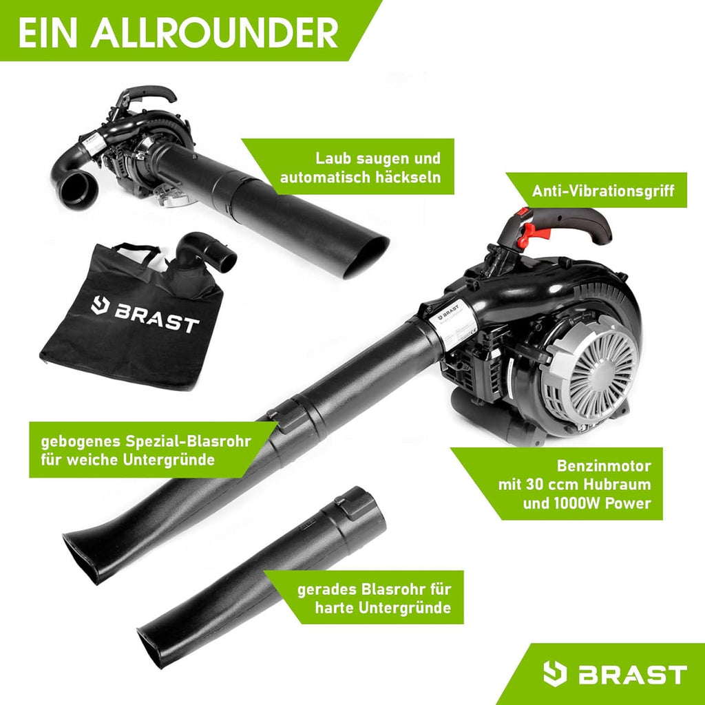 BRAST® Aspiratore Soffiatore per Foglie a Benzina 1,0kW(1,36PS) | Sacco di Raccolta da 55L | incl. 2 Tubi Soffiatori, Tracolla & Impugnatura Anti-Vibrazione | Funzione 4in1 | Velocità di Soffiatura 73 m/s