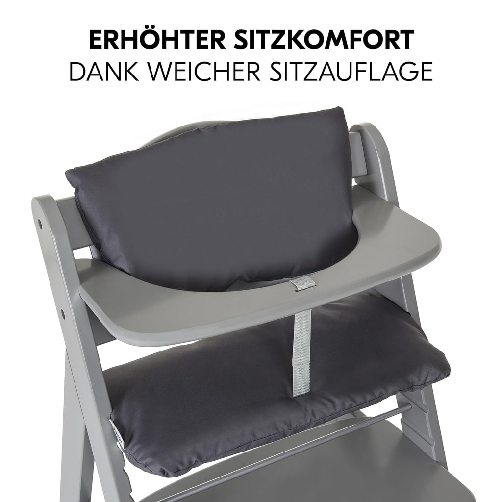 hauck Hochstuhl Alpha Plus Newborn Set mit 2in1 Bouncer - Mitwachsender Holz Babyhochstuhl ab Geburt, inkl. Sitzauflage & Neugeborenenaufsatz - Dark Grey