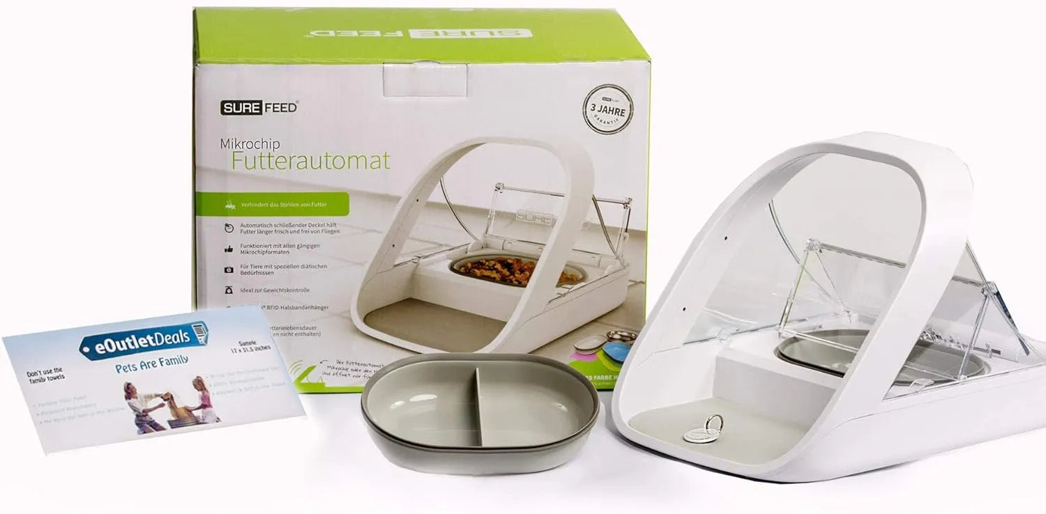 Automatischer Futterautomat für Haustiere - Mikrochip-Futterautomat für Haustiere - MPF001 - Geeignet für Nass- und Trockenfutter - Bonus eOutletDeals Tierhandtuch