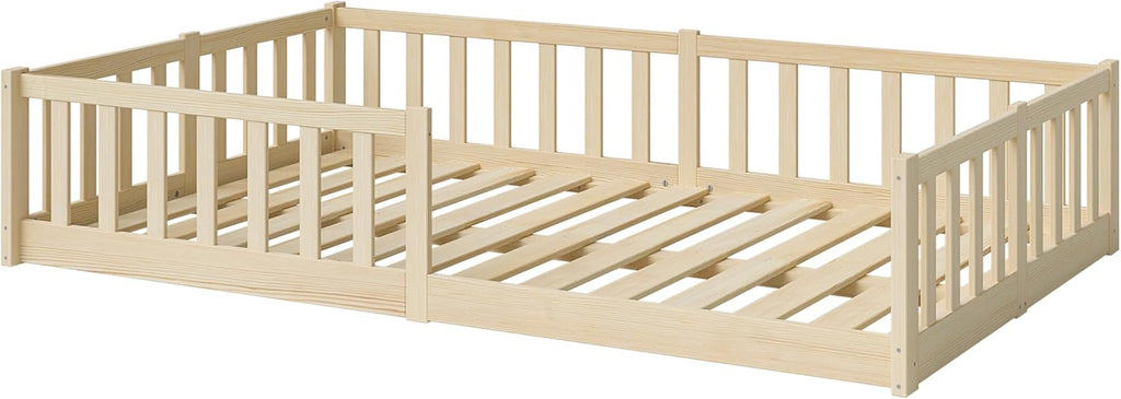 Bellabino Vere Letto a Pavimento 140x200 Montessori, Letto Matrimoniale con Protezione Anticaduta e Rete a Doghe, Letto per Bambini e Bambine in Legno Massello di Pino Bianco con Sbarre
