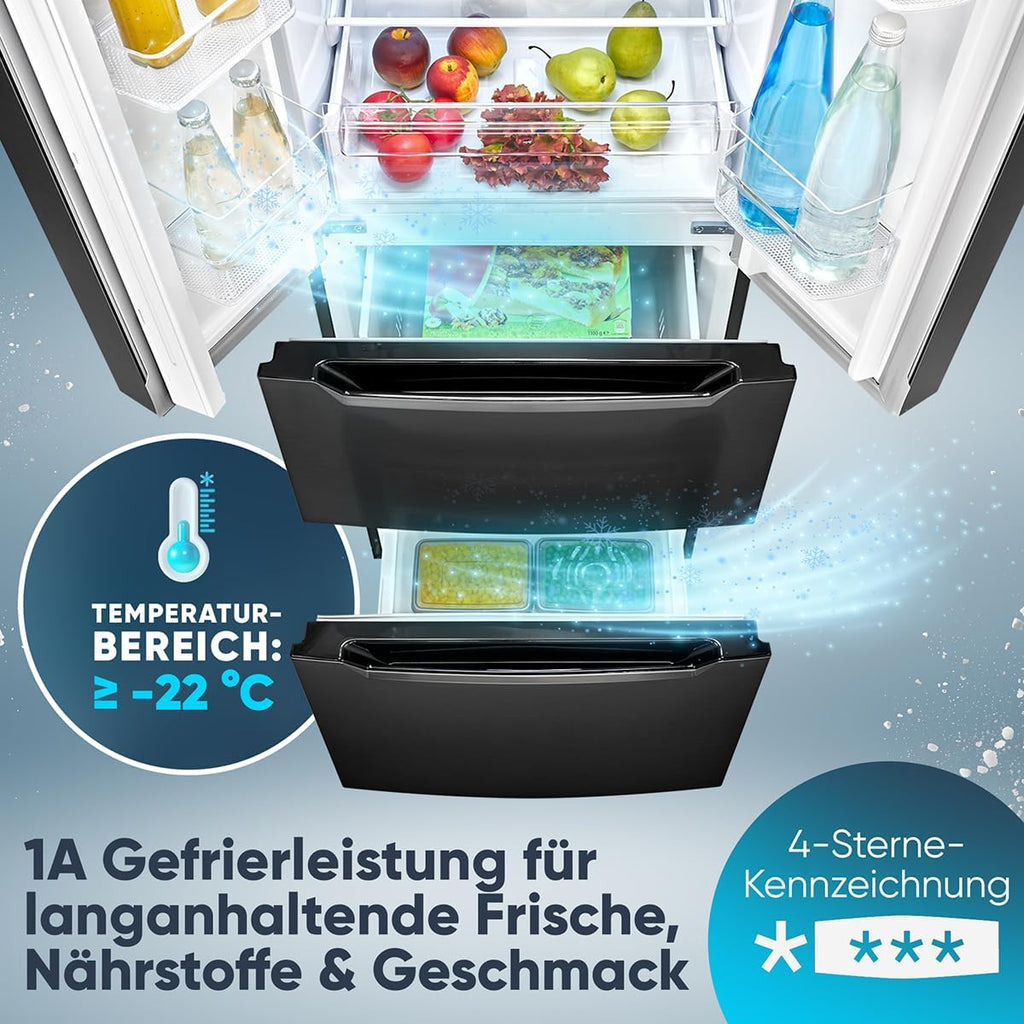 Bomann® Frigorifero con Congelatore | Congelatore No-Frost | Frigorifero da 186 cm | 39 dB | Combinato Frigorifero-Congelatore con MultiAirflow | 320L | Combinato Frigorifero-Congelatore No-Frost | KG 7361 nero-inox
