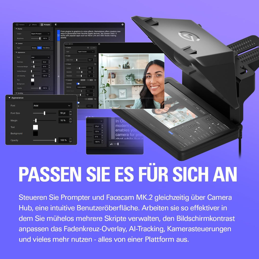 Elgato Prompter – Teleprompter mit integriertem Bildschirm für YouTube, Twitch, Zoom, Teams und mehr, unterstützt DSLR/Webcam/Smartphone, Drag&Drop-Monitoranzeige, funktioniert mit Mac/PC&Stream Deck