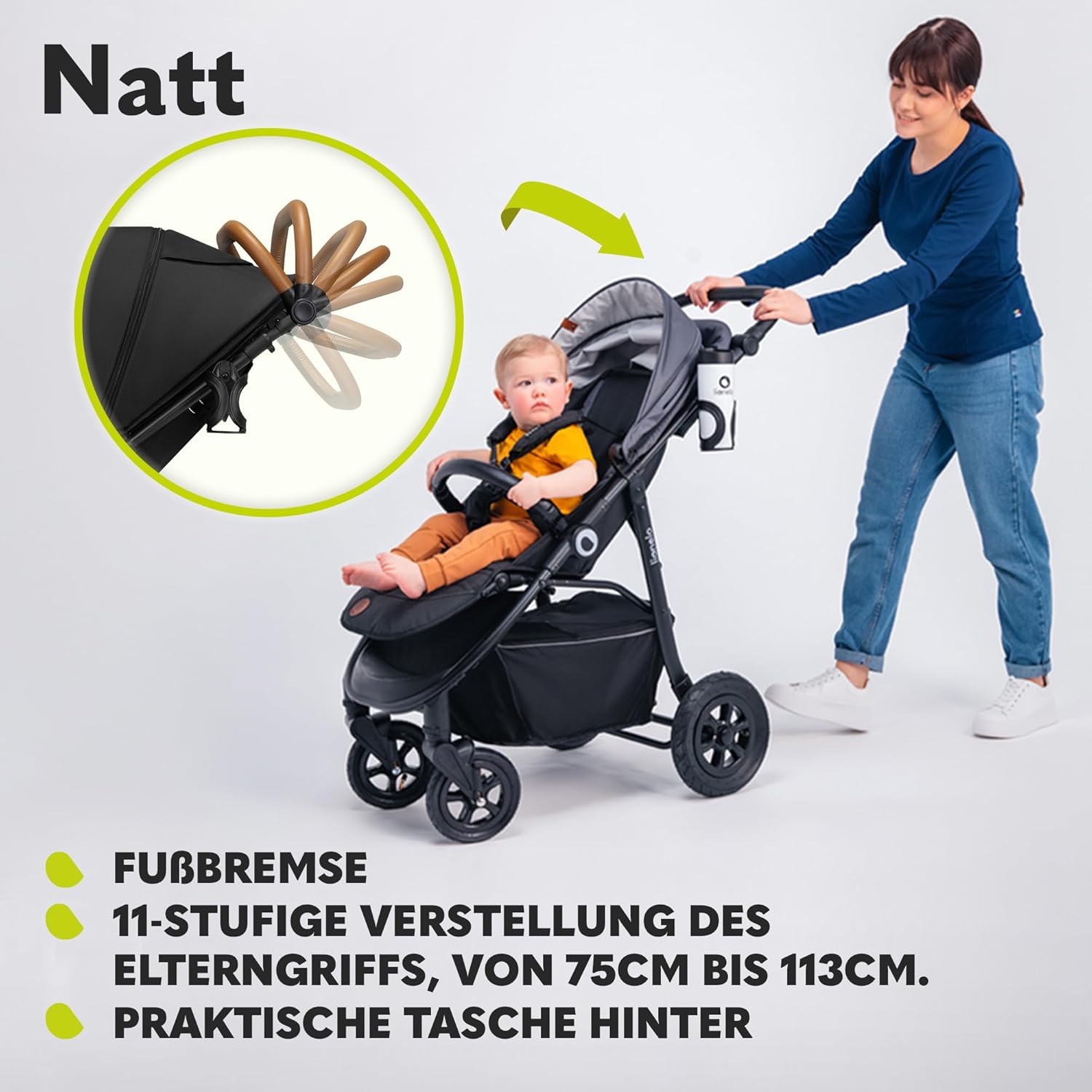 Passeggino LIONELO Natt fino a 22 kg, manico e schienale regolabili in posizione reclinata, cintura a 5 punti, grandi ruote fuoristrada, cappottina impermeabile XXL, 0-4 anni