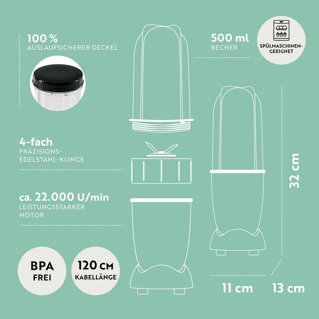 GOURMETmaxx Frullatore per Smoothie e Frullatore a Immersione Set da 18 pezzi - 400W | Frullatore Elettrico da 750ml, Mixer con 4 Bicchiere To-Go, 2 Lame, Spremiagrumi, Piedistallo e Coperchio | Lavabile in Lavastoviglie, a Prova di Perdite e Senza BPA