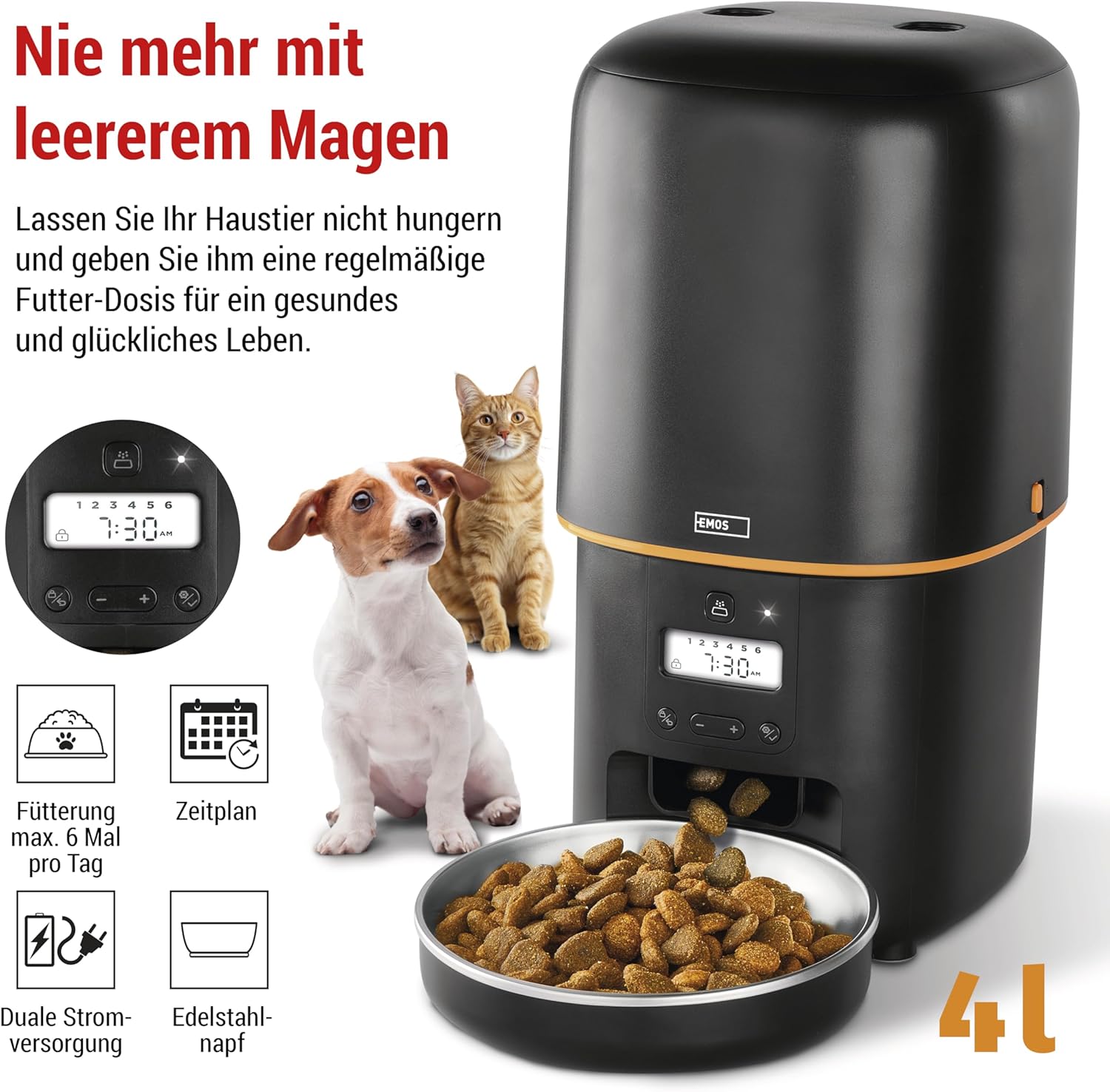 EMOS - GoSmart Futterautomat 6 l mit Kamera - WLAN Pet Care Futterspender mit App - Trockenfutter Automat für Katze & Hund mit Zeitplan, Sprachaufzeichnung, Dosierung 1–12 Mahlzeiten pro Tag - Schwarz