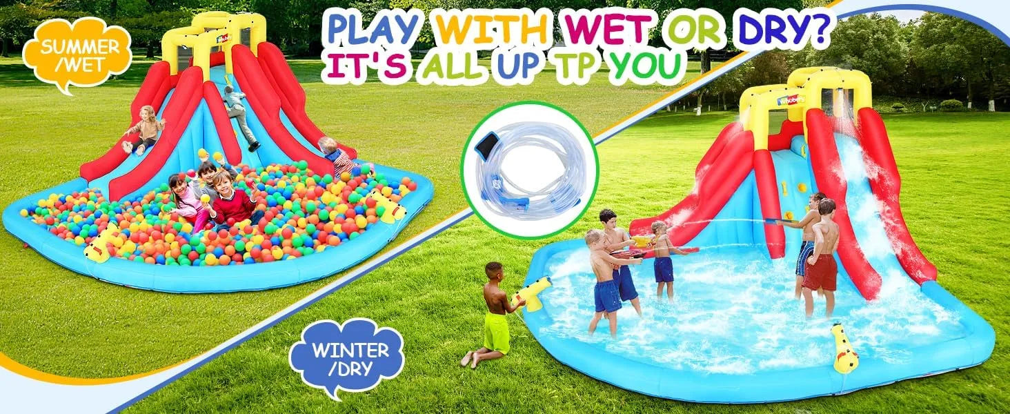 Scivoli d'acqua gonfiabili per bambini, parco acquatico gonfiabile 8-in-1 con soffiatore da 450 W, parete da arrampicata, piscina, 2 cannoni ad acqua, canestro da basket, scivolo ad acqua, irrigatore a coccodrillo come regalo per una festa in giardino