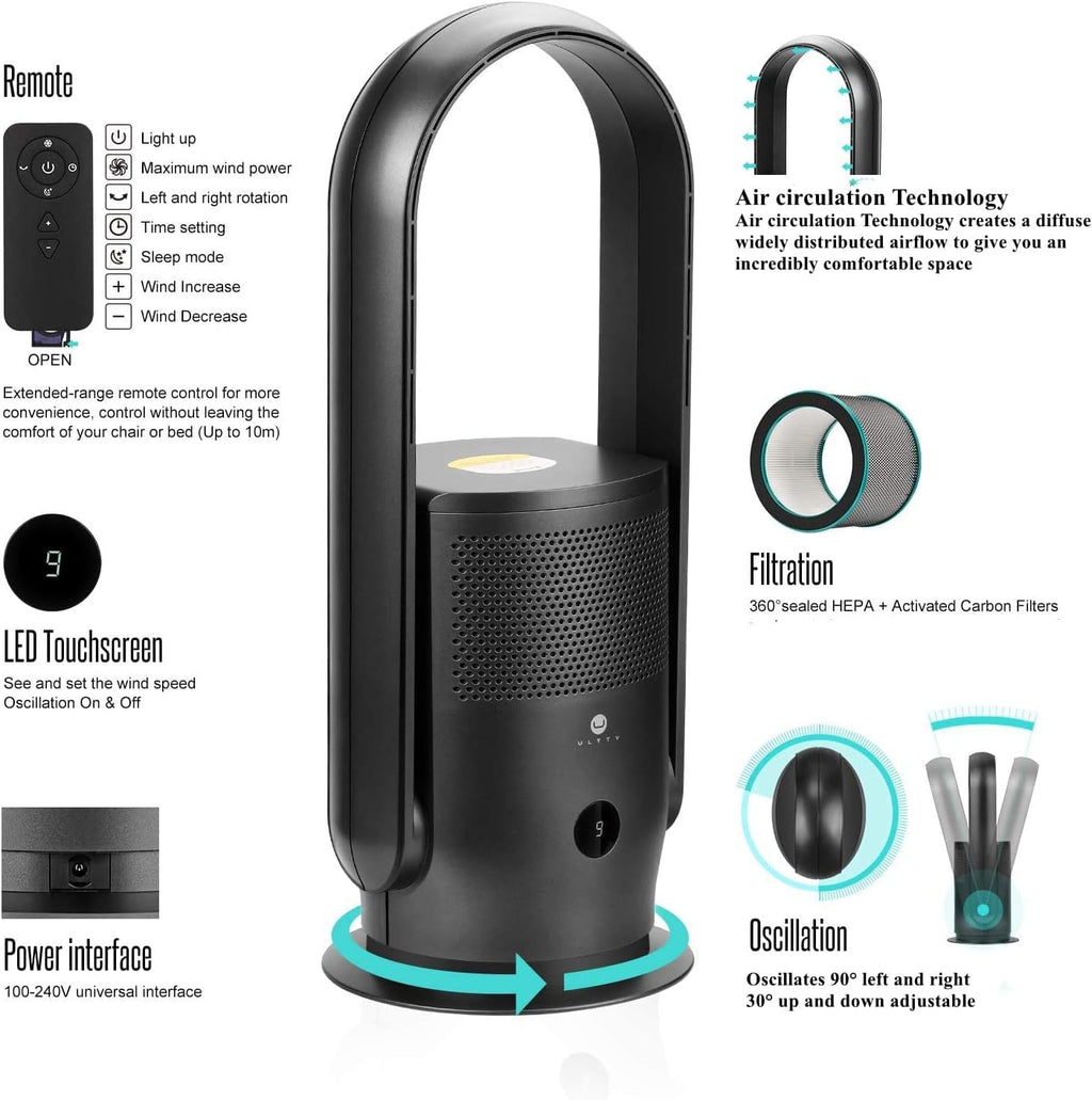 Ventilatore senza pale con purificatore d'aria, ventilatore a torre silenzioso Ultty con telecomando, touch, timer 8H, filtro HEPA 99,97%, ventilatore senza pale oscillante a 90° e alto 80 cm per camera da letto e casa, CR022 Bianco