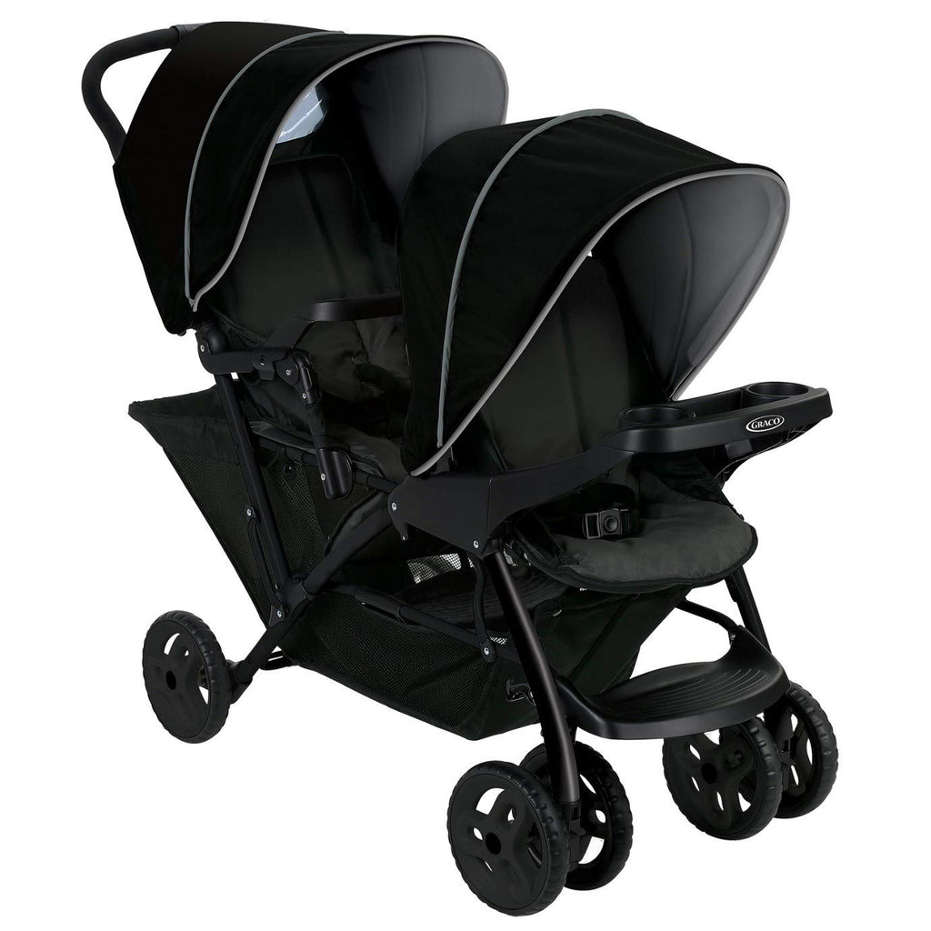 Graco Stadium Duo Passeggino Gemellare, 0-15 kg, utilizzabile anche con seggiolino auto, schienali reclinabili, pieghevole, sta in piedi da solo, ampio cestello portaoggetti, include vassoi portaoggetti, Titanium