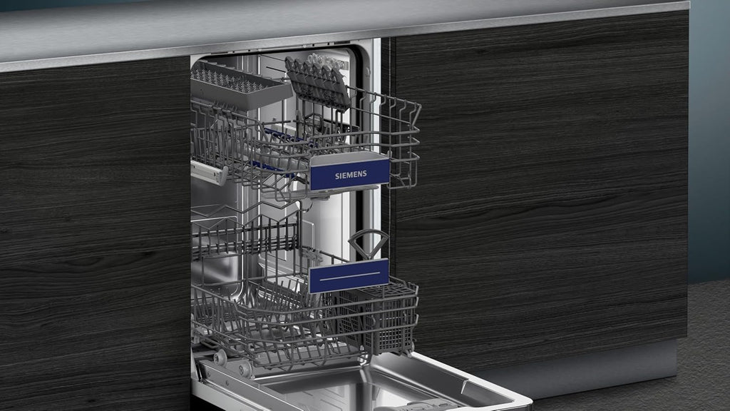 Siemens SR65YX08ME, iQ500 Lavastoviglie smart a scomparsa totale, larghezza 45 cm, cassetto portaposate, Zeolith, extra silenziosa, aquaStop, apertura automatica della porta a fine programma, varioSpeed, illuminazione interna