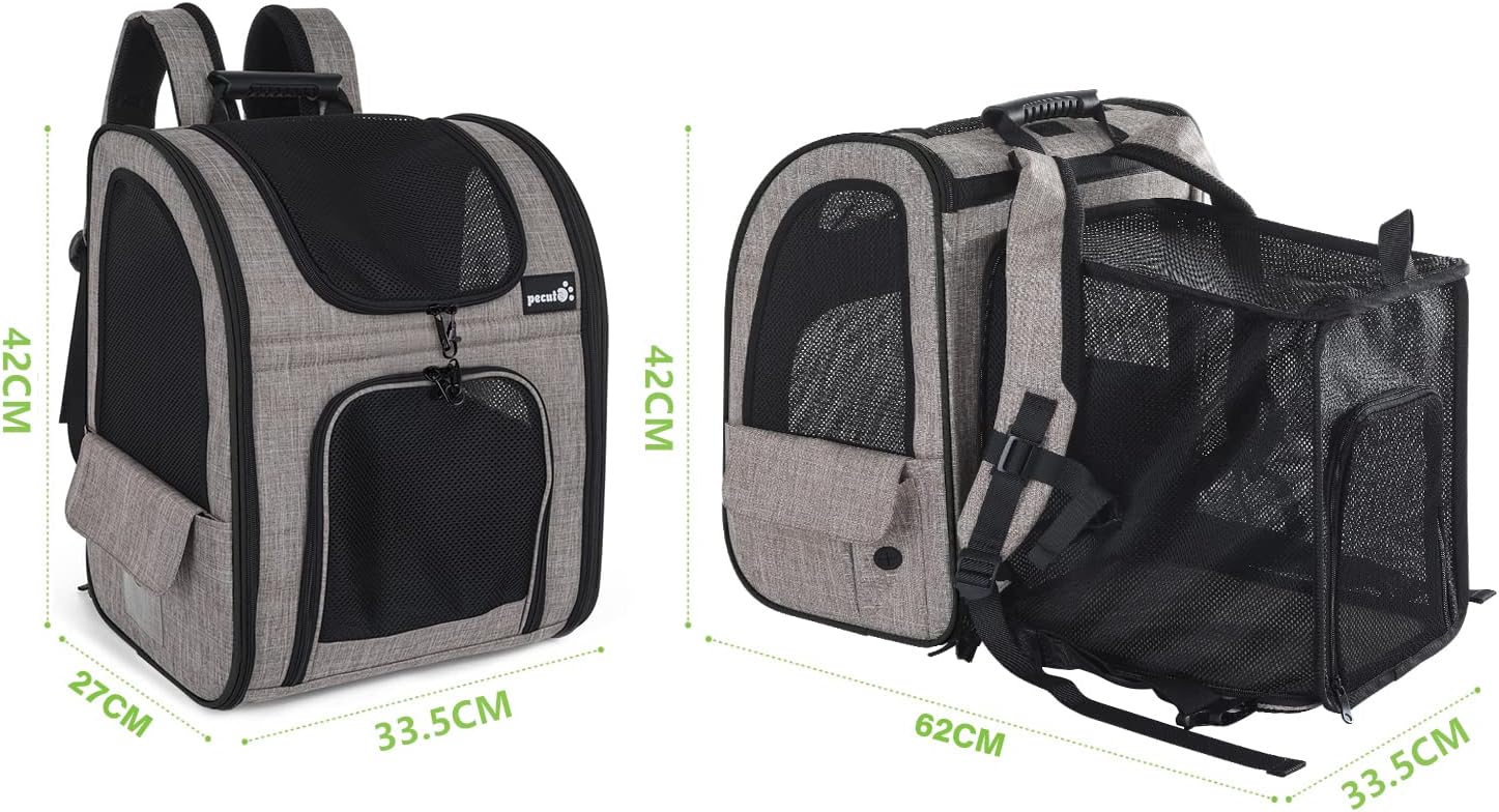 pecute Haustier Rucksack mit Netzfenster, Tragbare und Faltbare Katzentasche, Atmungsaktive und Leichte Hundetasche, Wasserdichtes Oxford-Tuch mit Viel Platz, Multifunktionales Rutschfestes Grau XL