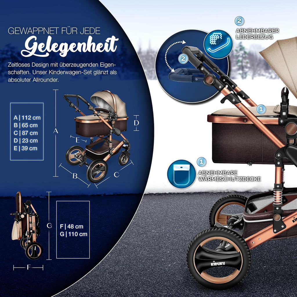 KIDUKU® Set completo passeggino 3 in 1 | Set passeggino combinato con navicella e sedile sportivo passeggino e seggiolino auto ovetto sacco a pelo | Ruote in gomma piena borsa per il cambio scaldamani parapioggia tavolino ECE R129