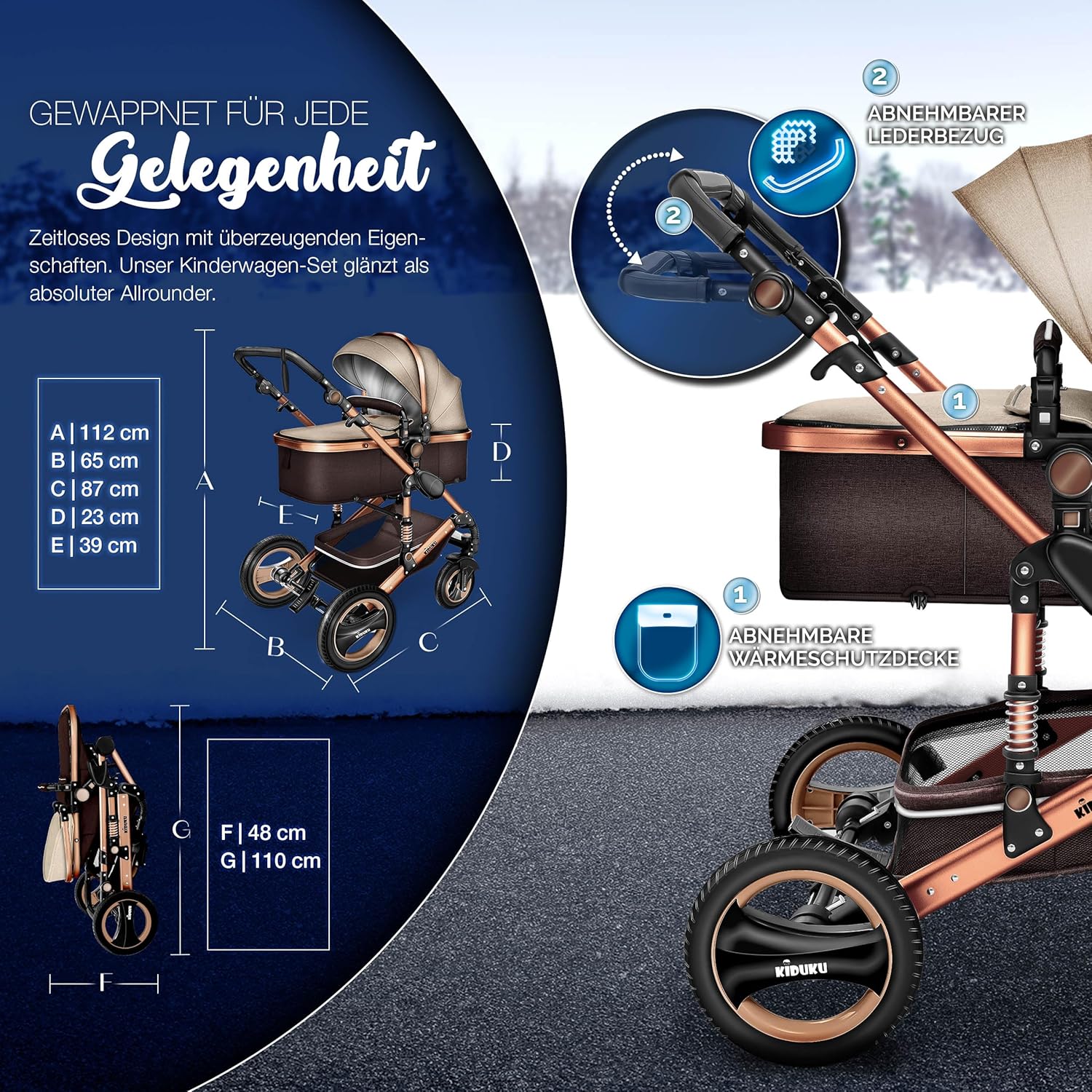 KIDUKU® Set completo passeggino 3 in 1 | Set passeggino combinato con navicella e sedile sportivo passeggino e seggiolino auto ovetto sacco a pelo | Ruote in gomma piena borsa per il cambio scaldamani parapioggia tavolino ECE R129