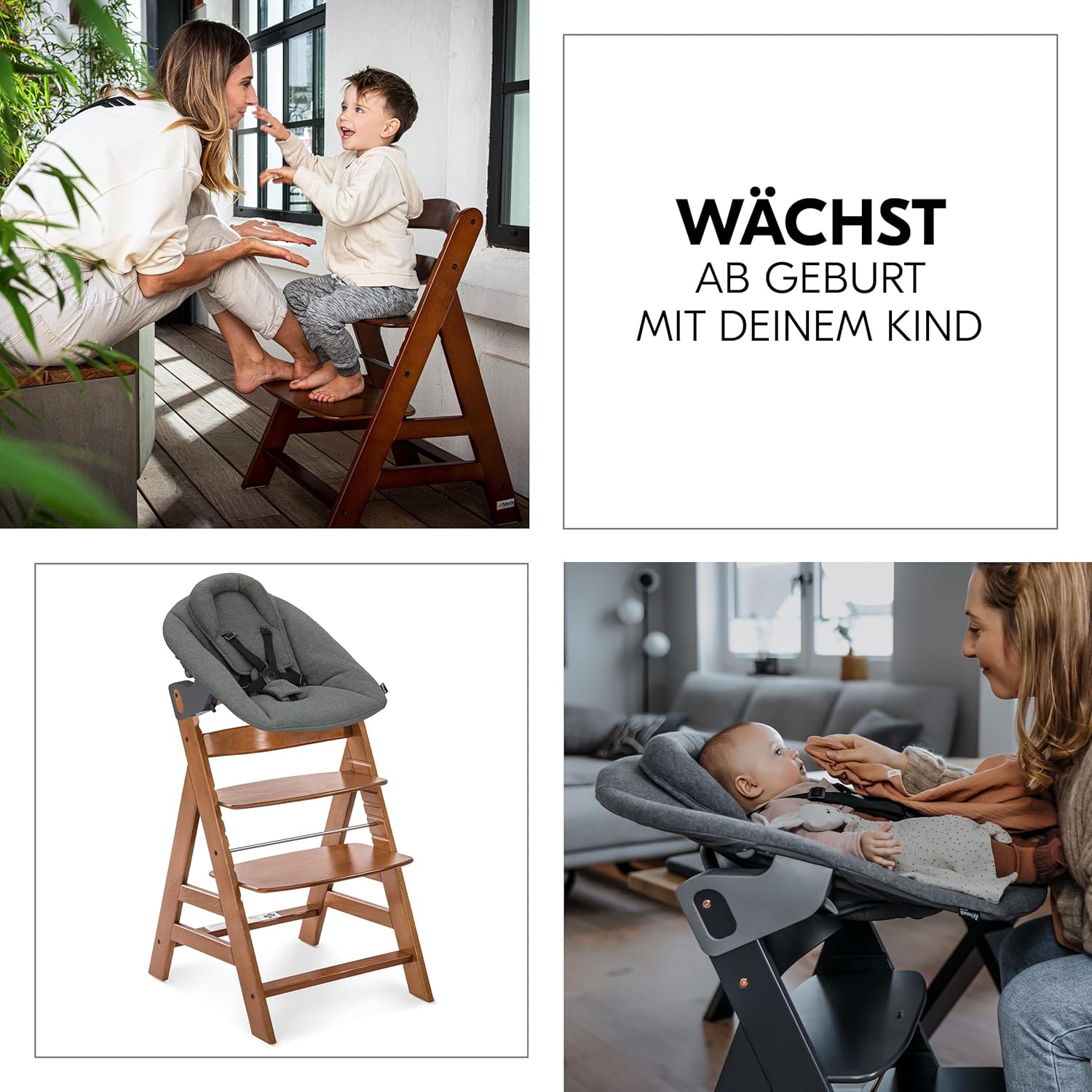 hauck Alpha Plus Newborn Set mit Premium Bouncer Dark Grey - Baby Holz Hochstuhl ab Geburt mit Liegefunktion - extra flacher Aufsatz für Neugeborene & Baumwoll Sitzpolster - Grau