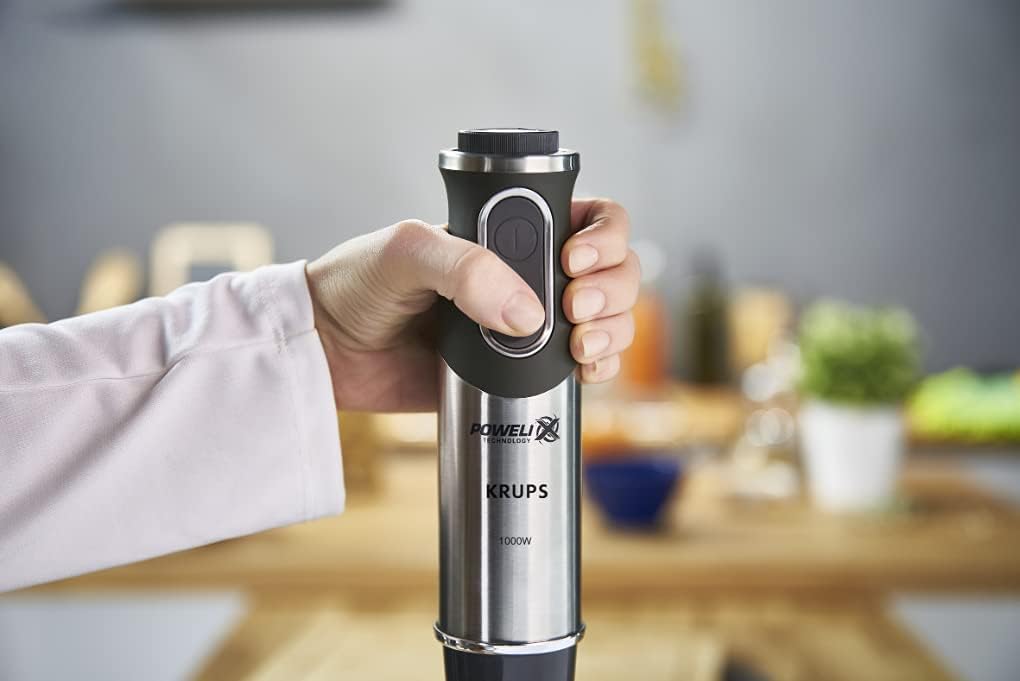 Krups Perfect Mix Stabmixer HZ6568 | Blender | 1000 Watt | Edelstahlfu | 4 extra scharfe Messer | Powelix Technologie | Schneebesen | 500 ml Zerkleinerer | 800 ml Messbecher | Schwarz/Silber
