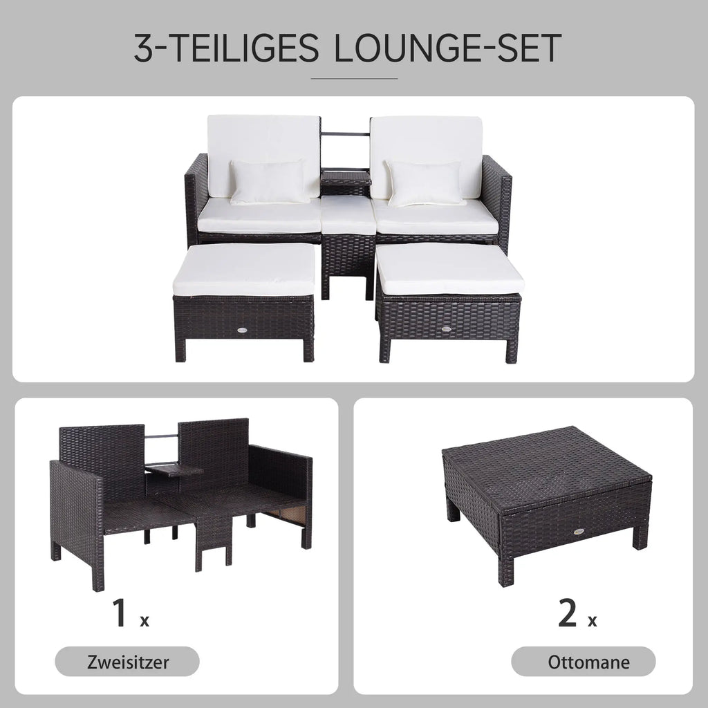 Outsunny Set Divano da Giardino 3 Pezzi in Polyrattan con Poggiapiedi e Cuscini, per Esterno
