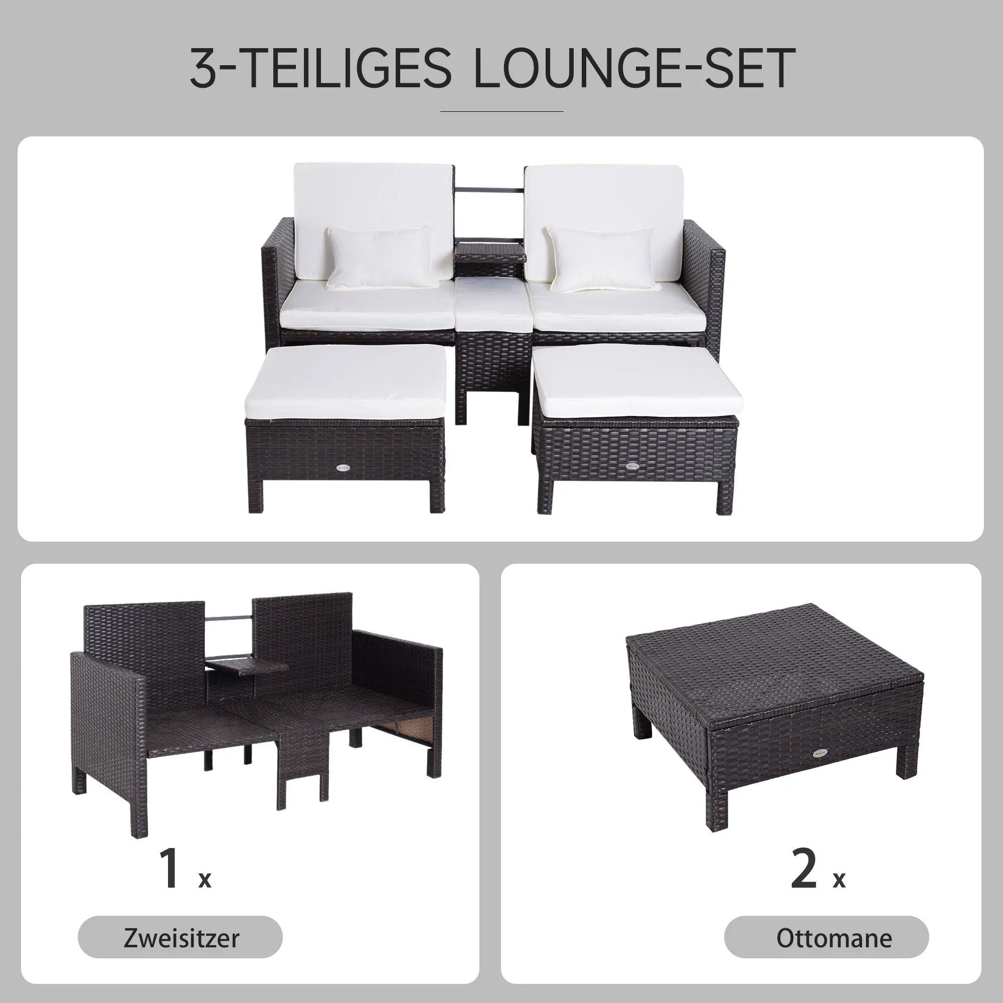 Outsunny Set Divano da Giardino 3 Pezzi in Polyrattan con Poggiapiedi e Cuscini, per Esterno