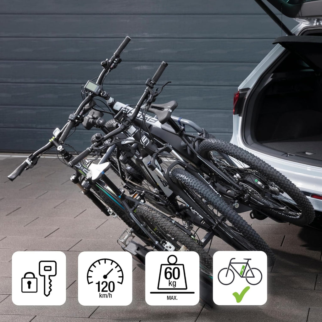 Fischer Portabici da Gancio Traino Proline Evo 2, per 2 biciclette fino a 60 kg di carico utile, adatto per e-bike, preassemblato, con serratura, pieghevole