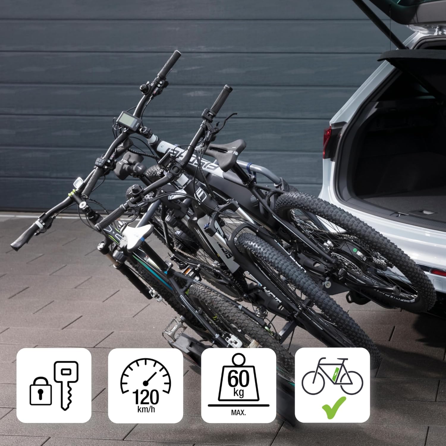 Fischer Portabici da Gancio Traino Proline Evo 2, per 2 biciclette fino a 60 kg di carico utile, adatto per e-bike, preassemblato, con serratura, pieghevole