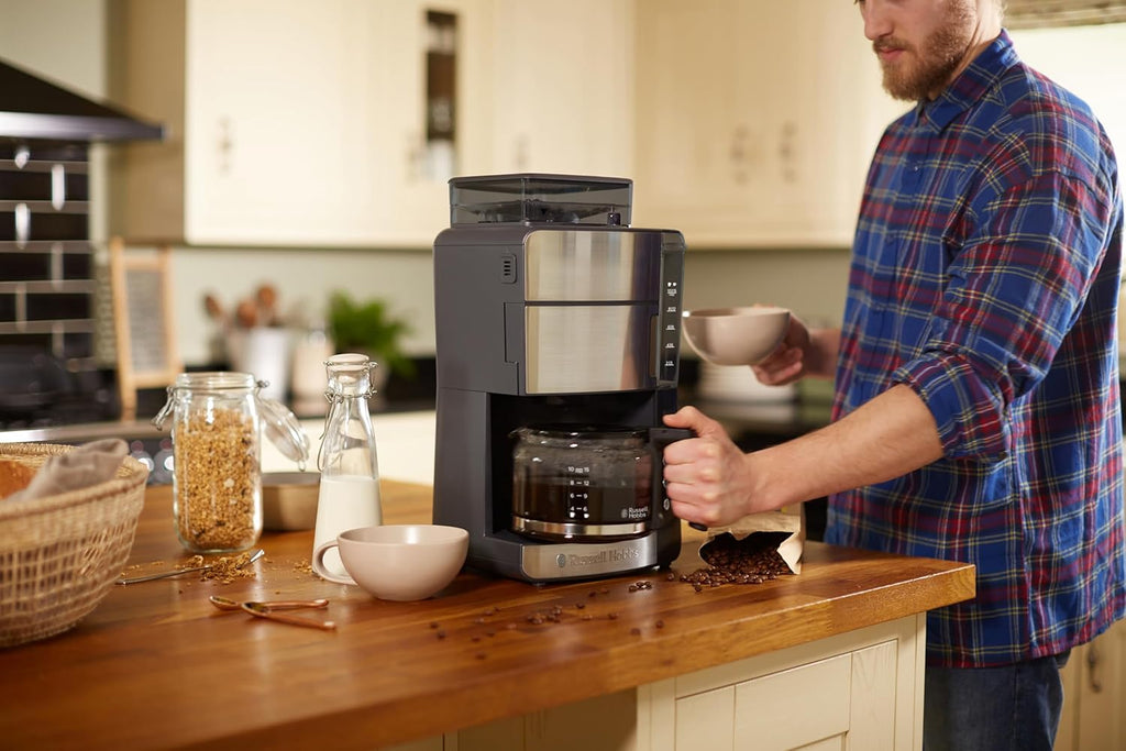 Russell Hobbs Macchina da caffè con macinacaffè integrato, caraffa in vetro [Timer digitale, Doccetta per un'estrazione e un aroma ottimali] Grind&Brew (max 10 tazze, macinatura regolabile in 3 fasi) 25610-56