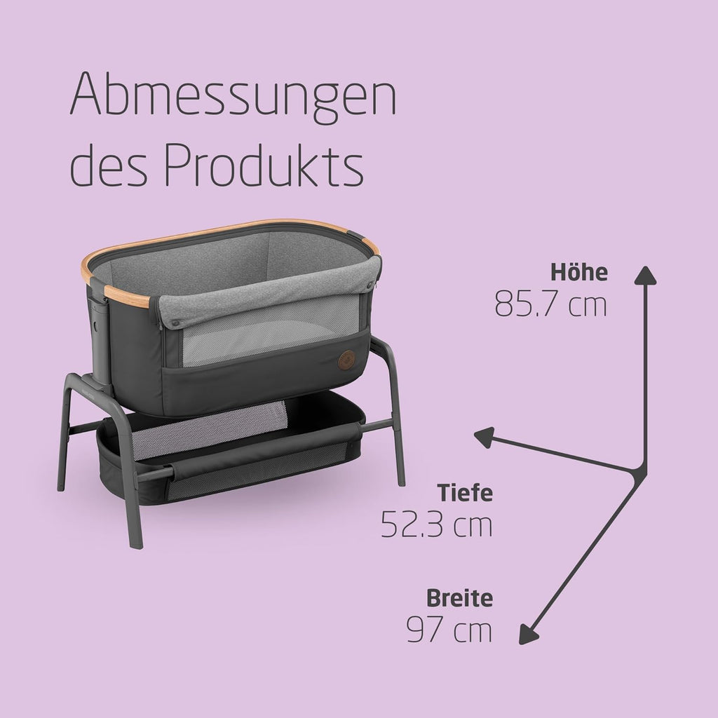 Maxi-Cosi Iora Beistellbett Baby, Faltbares Co-Sleeper, 0–6 Monate, max. 9 kg, 4 Neigungs- und 5 Höhenstufen, Leichtes Schieben, Bequeme Matratze, Großer Korb, Leicht zu Tragen, Essential Grey