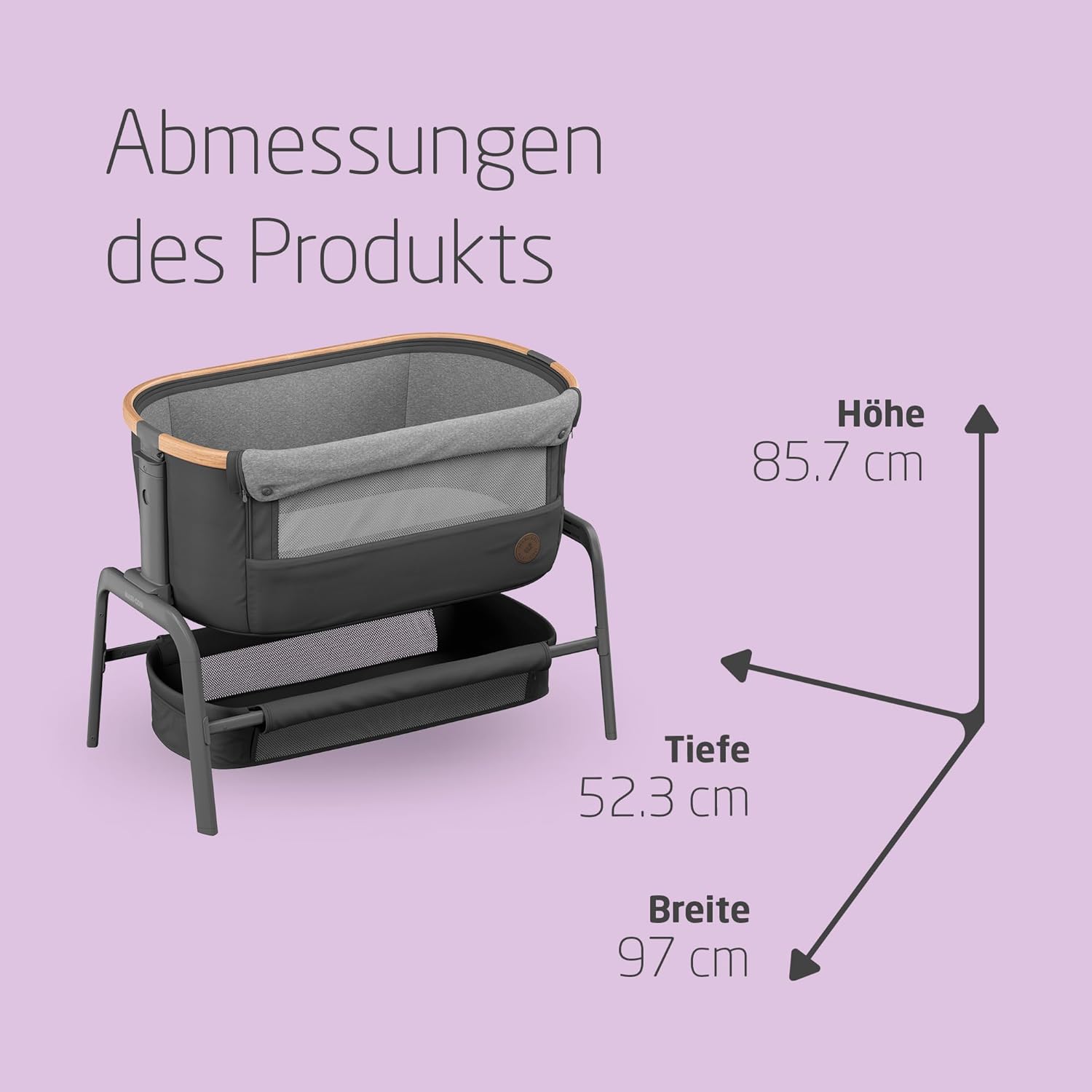 Maxi-Cosi Iora Beistellbett Baby, Faltbares Co-Sleeper, 0–6 Monate, max. 9 kg, 4 Neigungs- und 5 Höhenstufen, Leichtes Schieben, Bequeme Matratze, Großer Korb, Leicht zu Tragen, Essential Grey