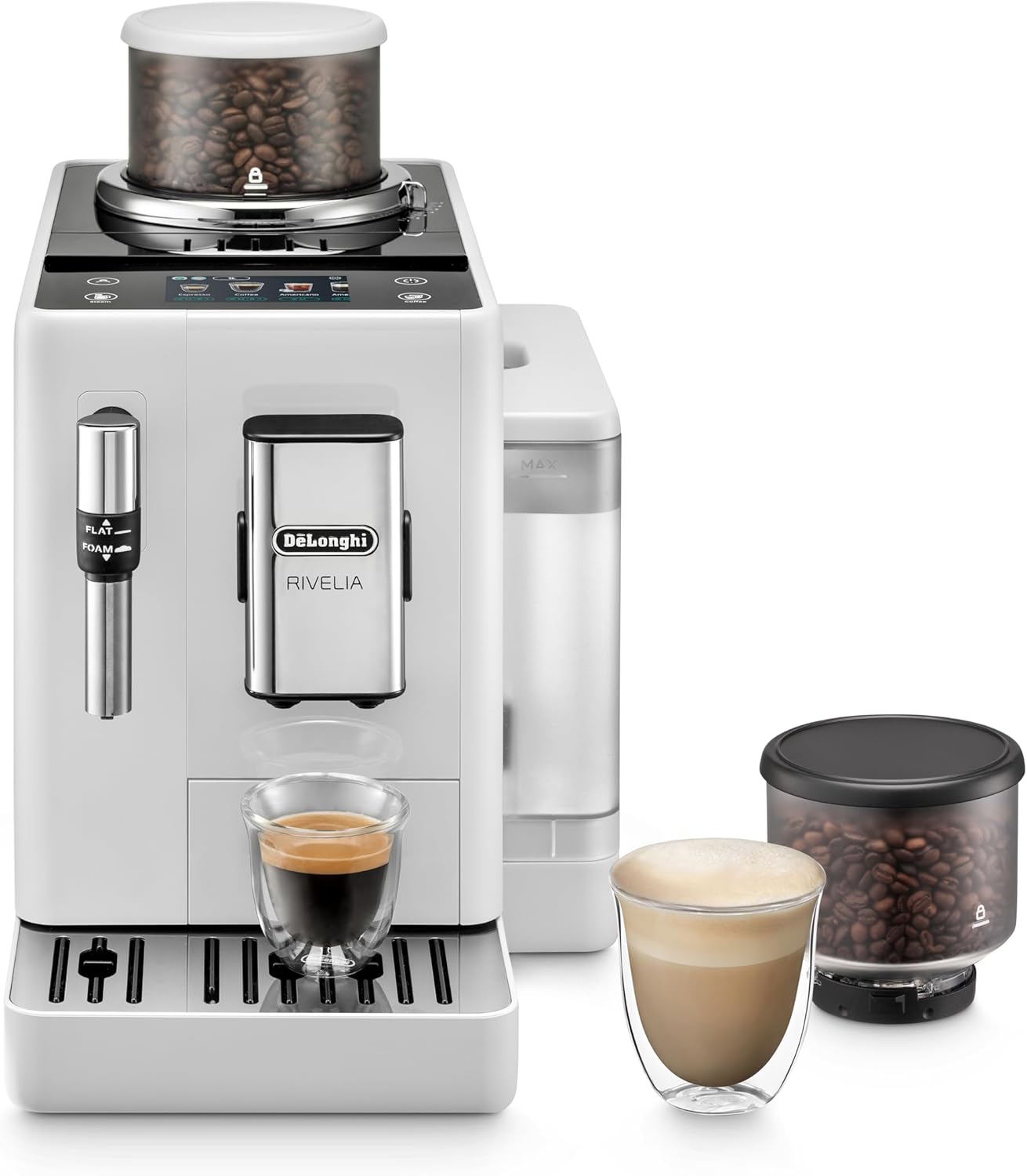 De'Longhi Rivelia EXAM440.35.BG Macchina da caffè automatica con lancia vapore, contenitore chicchi intercambiabile, 8 bevande a base di caffè one-touch, funzione Extra Shot, display touch da 3,5 pollici, Beige