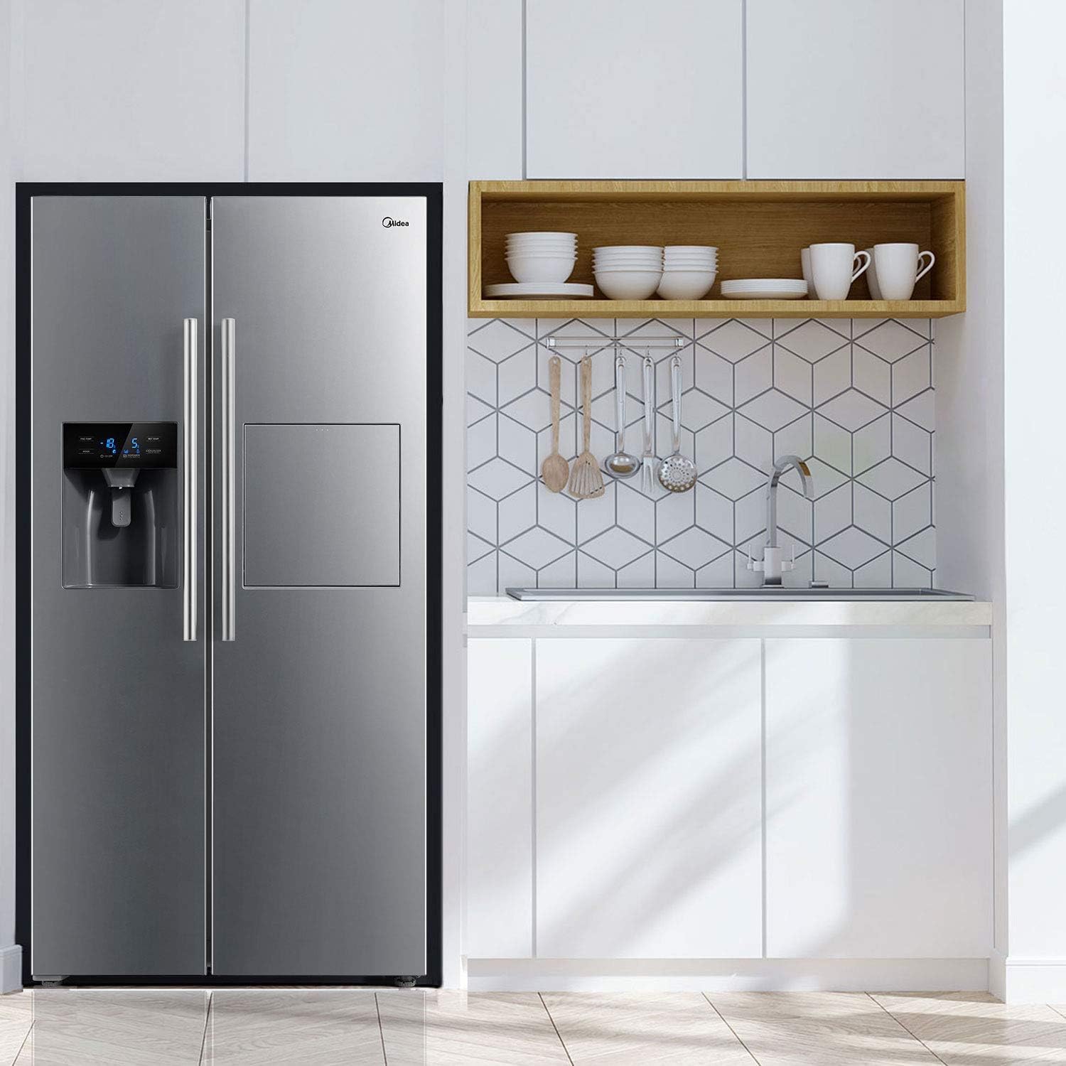 Midea KS-DDX 6.32 WT Frigorifero Side-by-Side con Congelatore/Altezza 178,8 cm/254 kWh/anno/No Frost/Compressore Dual Inverter/con Distributore di Acqua e Ghiaccio 3-in-1 e Serbatoio d'Acqua, Inox Scuro