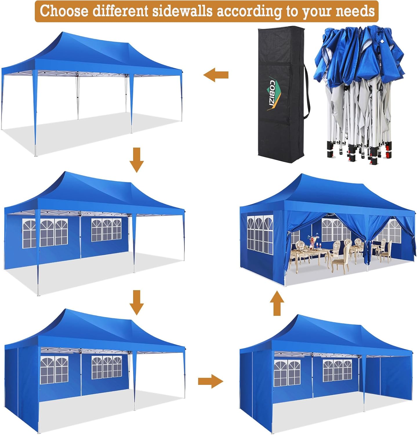 COBIZI Gazebo Pieghevole 3x6 Impermeabile Stabile con 6 Pareti Laterali, Tenda a Padiglione con Tetto a Punta, 3 Altezze Regolabili, Protezione UV, Borsa per Il Trasporto, Picchetti, Corde per Giardino, Matrimoni, Mercati, Eventi all'Aperto