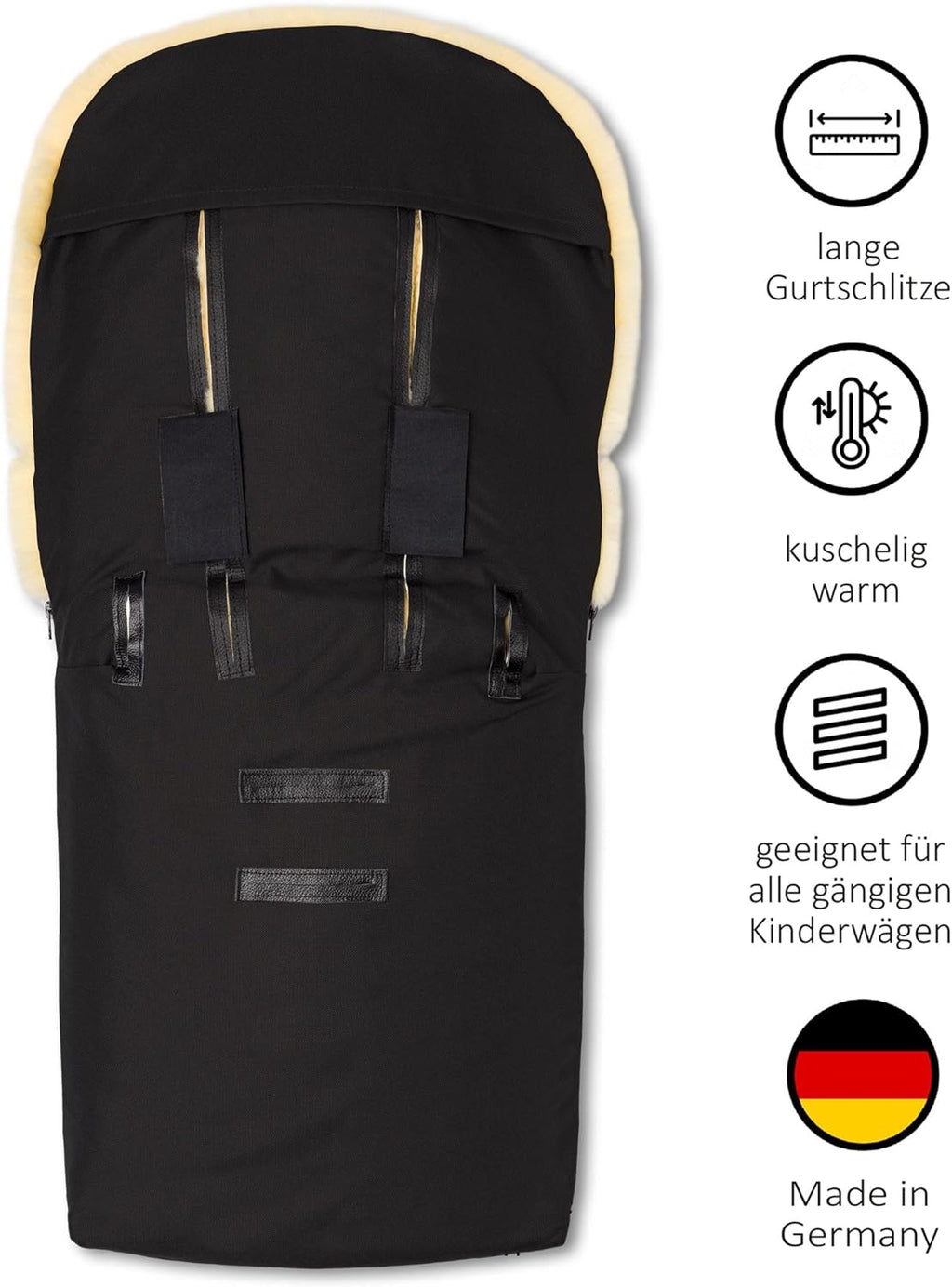 Sacco coprigambe in pelle di agnello Hofbrucker "Putzi" per passeggino, carrozzina/sacco coprigambe invernale antivento e idrorepellente/sacco coprigambe caldo con parte superiore rimovibile/vera pelle di agnello/Made in Germany