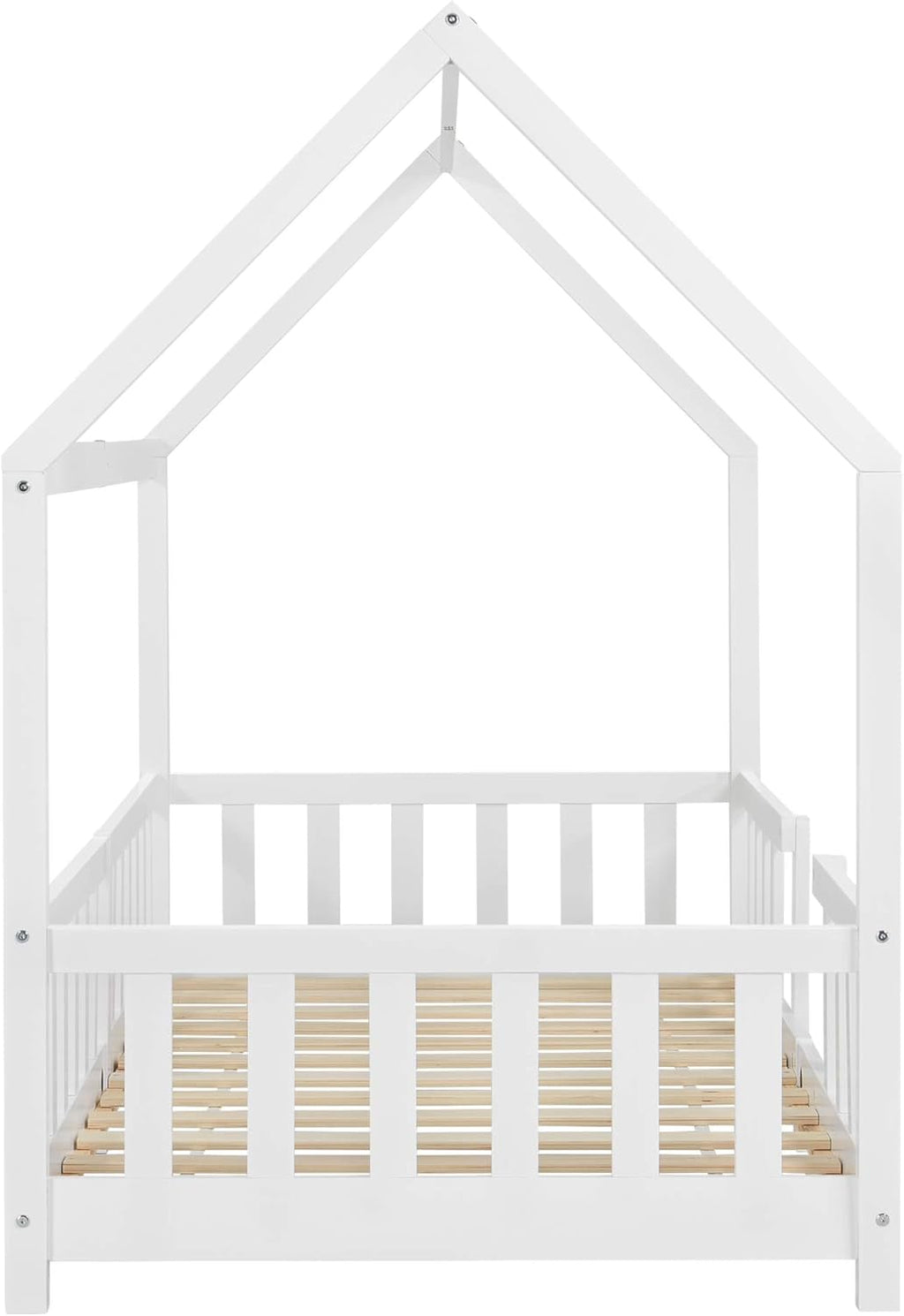 [en.casa] Letto per bambini Sisimiut a capanna 80 x 160 cm con protezione anticaduta letto in legno per bambini letto a terra rete a doghe in legno di pino Bianco opaco
