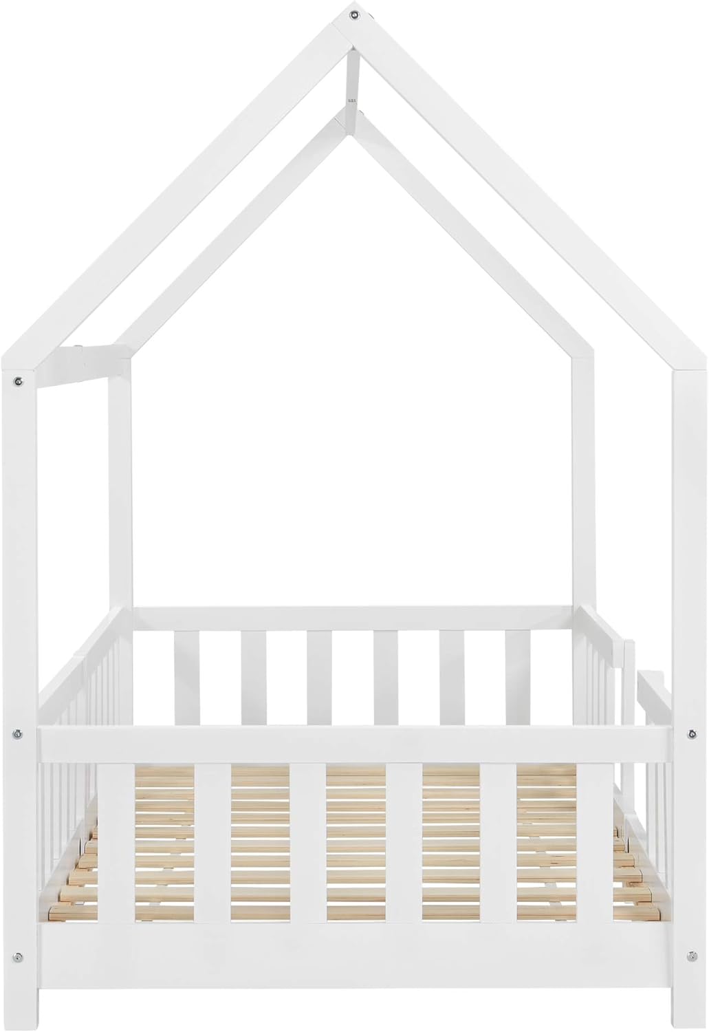 [en.casa] Letto per bambini Sisimiut a capanna 80 x 160 cm con protezione anticaduta letto in legno per bambini letto a terra rete a doghe in legno di pino Bianco opaco
