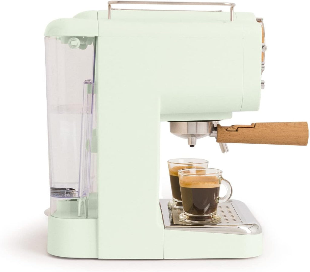 CREATE / THERA RETRO/Macchina da caffè espresso semiautomatica Rosa Pastello Opaco e Legno / Pompa a pressione 20bar, 1100W, Serbatoio acqua 1.25L, per caffè macinato, cialde ESE 55mm, con vaporizzatore, 1100W