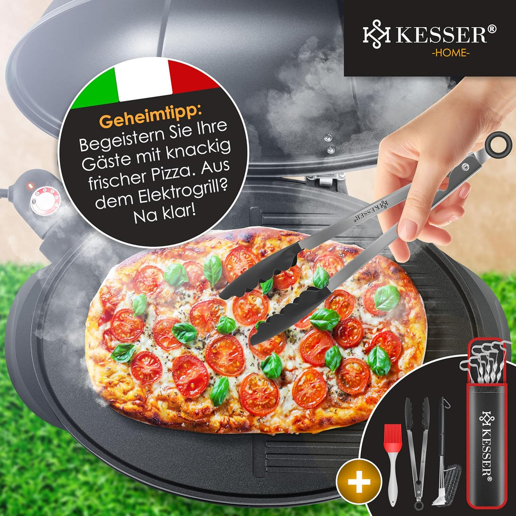 KESSER® Barbecue elettrico 2 in 1 da tavolo e da terra con coperchio, base, termometro max. 2400 Watt, piastra antiaderente XXL, ripiano, barbecue elettrico a colonna, set per barbecue incluso