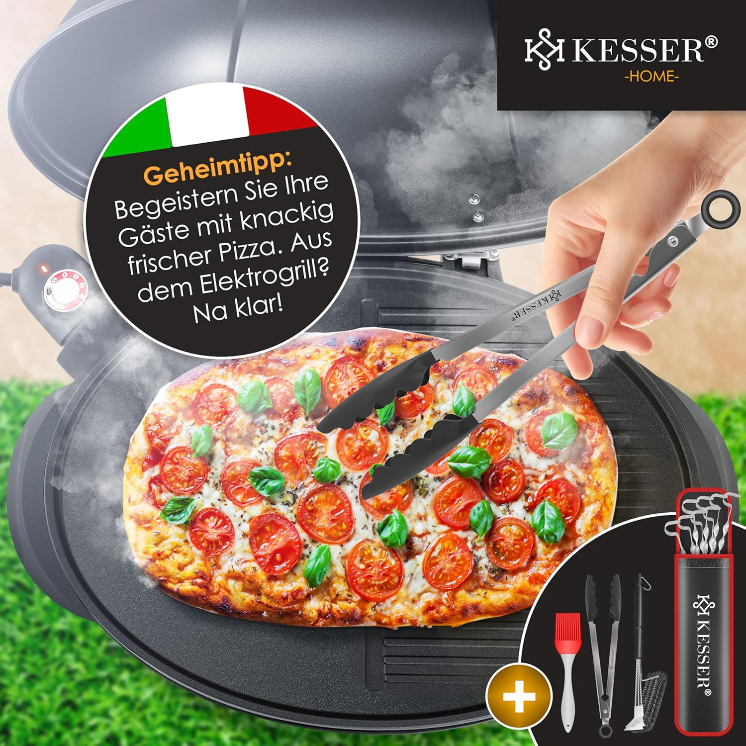 KESSER® Barbecue elettrico 2 in 1 da tavolo e da terra con coperchio, base, termometro max. 2400 Watt, piastra antiaderente XXL, ripiano, barbecue elettrico a colonna, set per barbecue incluso