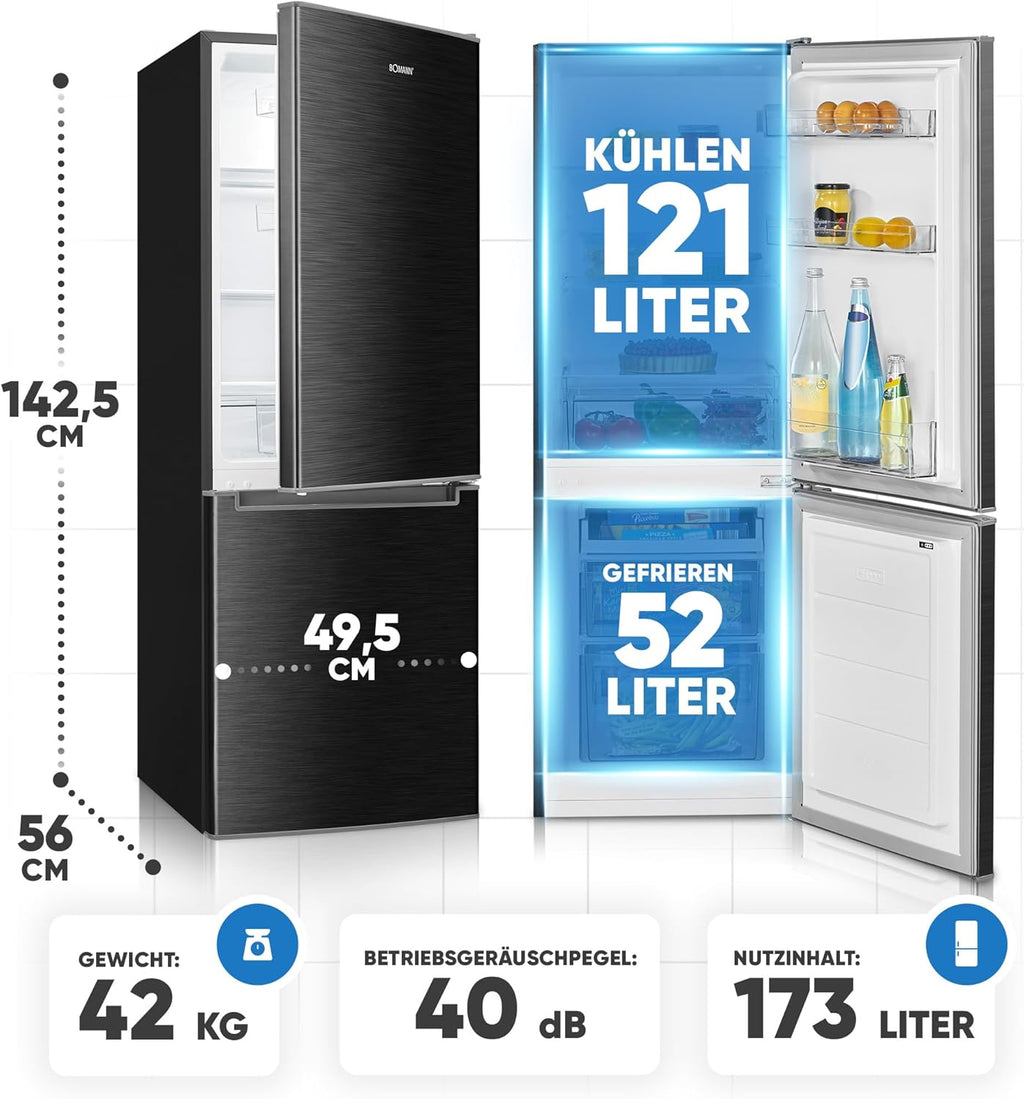 Frigorifero con congelatore Bomann | Combinazione Frigorifero Congelatore 173 L con 3 Ripiani e 3 Cassetti | Cerniera Porta Reversibile | Combinazione Frigorifero Congelatore Silenziosa 40 dB | Frigorifero KG 7359 Nero-inox