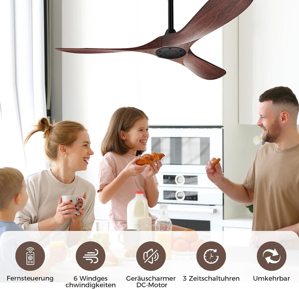 Biukis - Ventilatore da soffitto da 152 cm con telecomando, 6 velocità, motore DC reversibile per uso tutto l'anno, adatto per esterni, giardino, soggiorno, camera da letto – Noce
