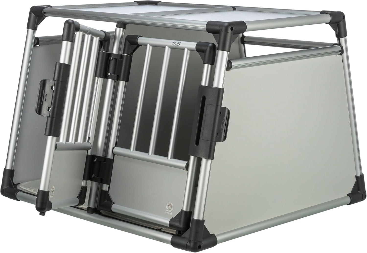 TRIXIE Hunde-Transportbox Aluminium in silber – M: 55 × 62 × 73 cm, stabile und geräuscharme Hundebox mit abgeschrägten Seiten, Sicherheitsverschluss & rutschfester Liegematte – 39342