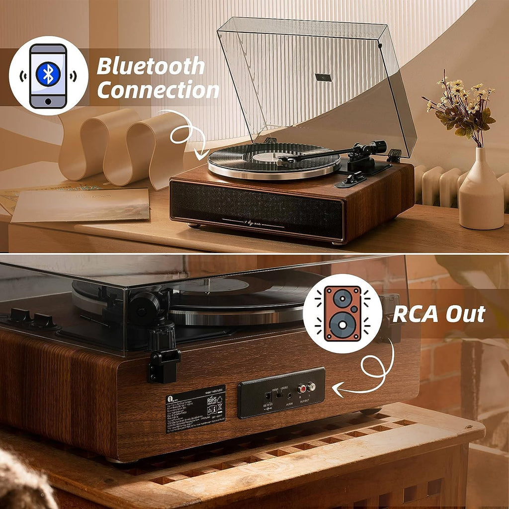1 by ONE Plattenspieler mit Integrierten Lautsprechern Bluetooth 33/45 U/min Riemenantrieb MM Vinyl Record Player mit Auto-Stopp Funktion Phono-Vorverstrker