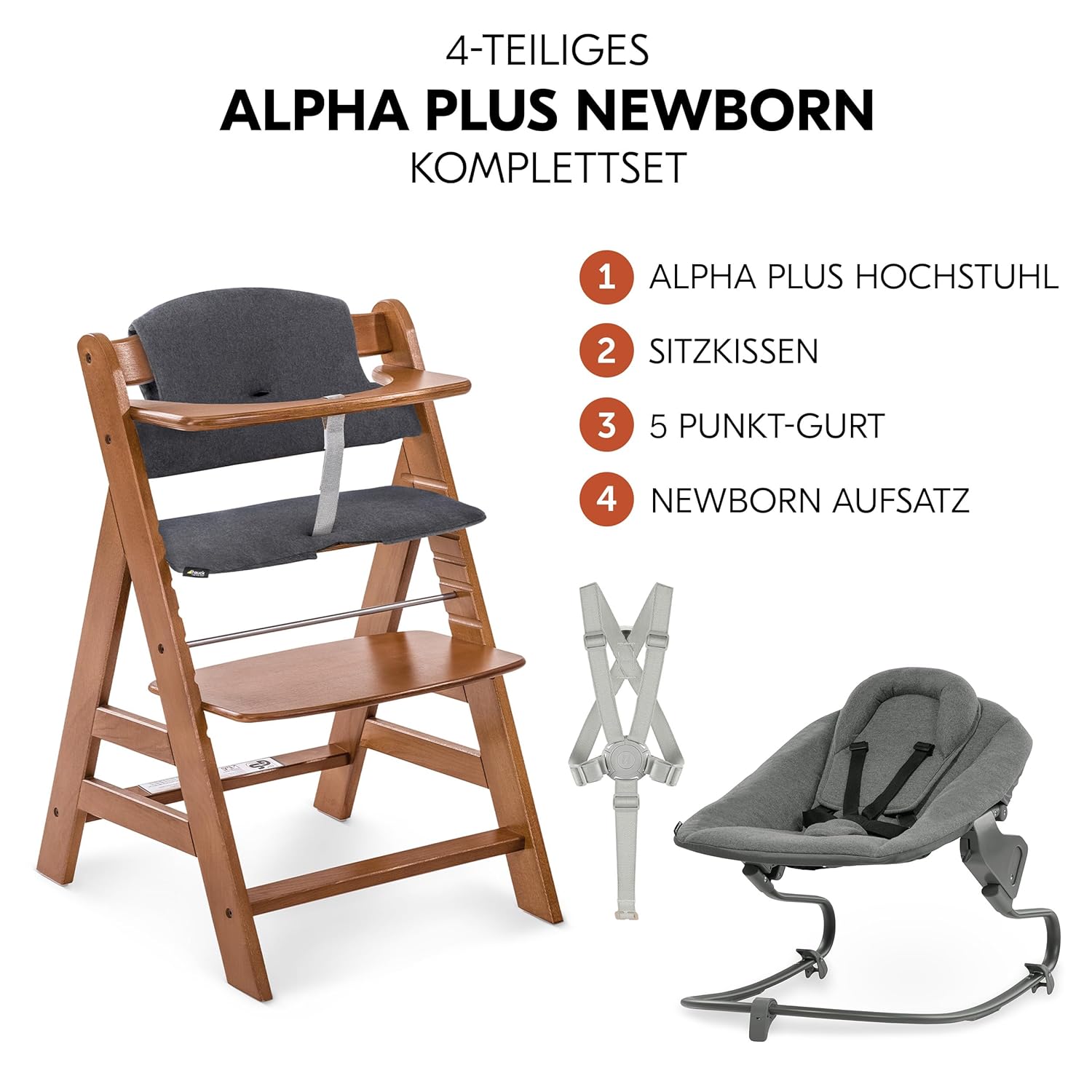hauck Alpha Plus Newborn Set mit Premium Bouncer Dark Grey - Baby Holz Hochstuhl ab Geburt mit Liegefunktion - extra flacher Aufsatz für Neugeborene & Baumwoll Sitzpolster - Grau
