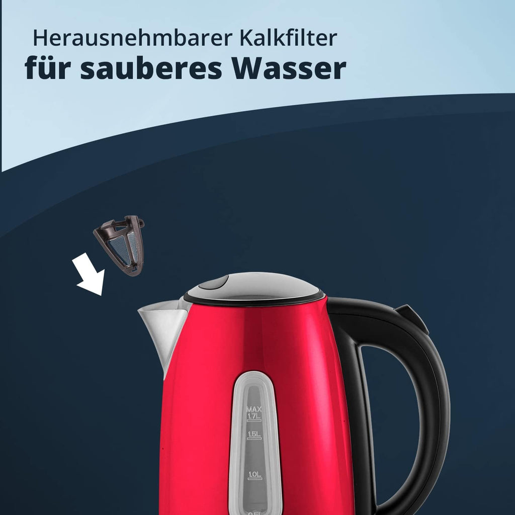 KHG Frühstücksset Wasserkocher, Toaster & Kaffeemaschine in Rot, Edelstahl Metallic Chrom, 1,7l Kapazität, 2 Toast Scheiben & 12 Tassen Kaffee, Kontrollleuchten, Wasserstandsanzeigen, Permanentfilter
