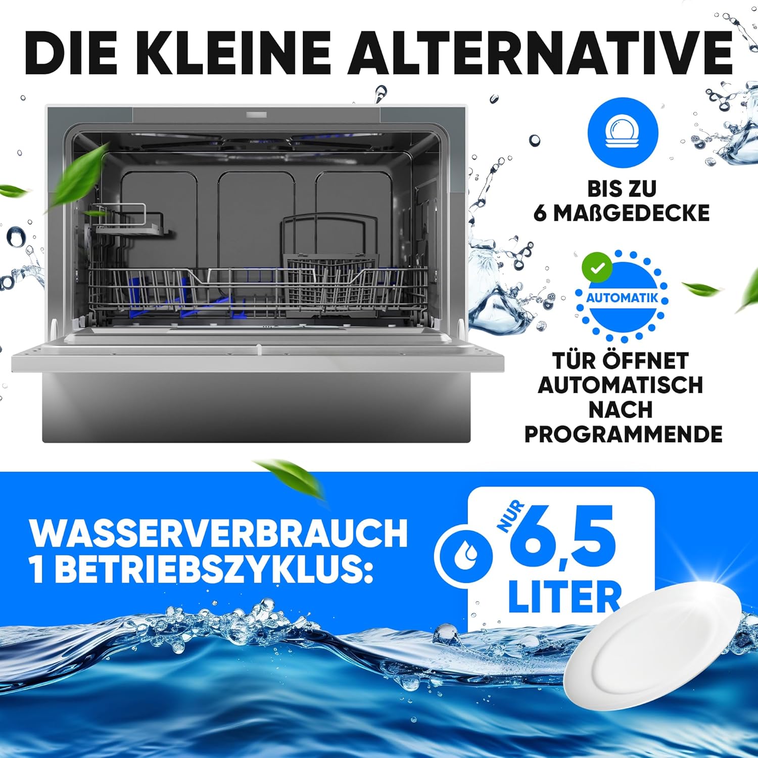 Bomann Mini lavastoviglie con attacco per l'acqua | incl. tubo flessibile | Lavastoviglie da tavolo silenziosa | Mini lavastoviglie per piccole cucine/campeggio | Lavastoviglie piccola con protezione anti-trabocco | TSG 7405 bianco