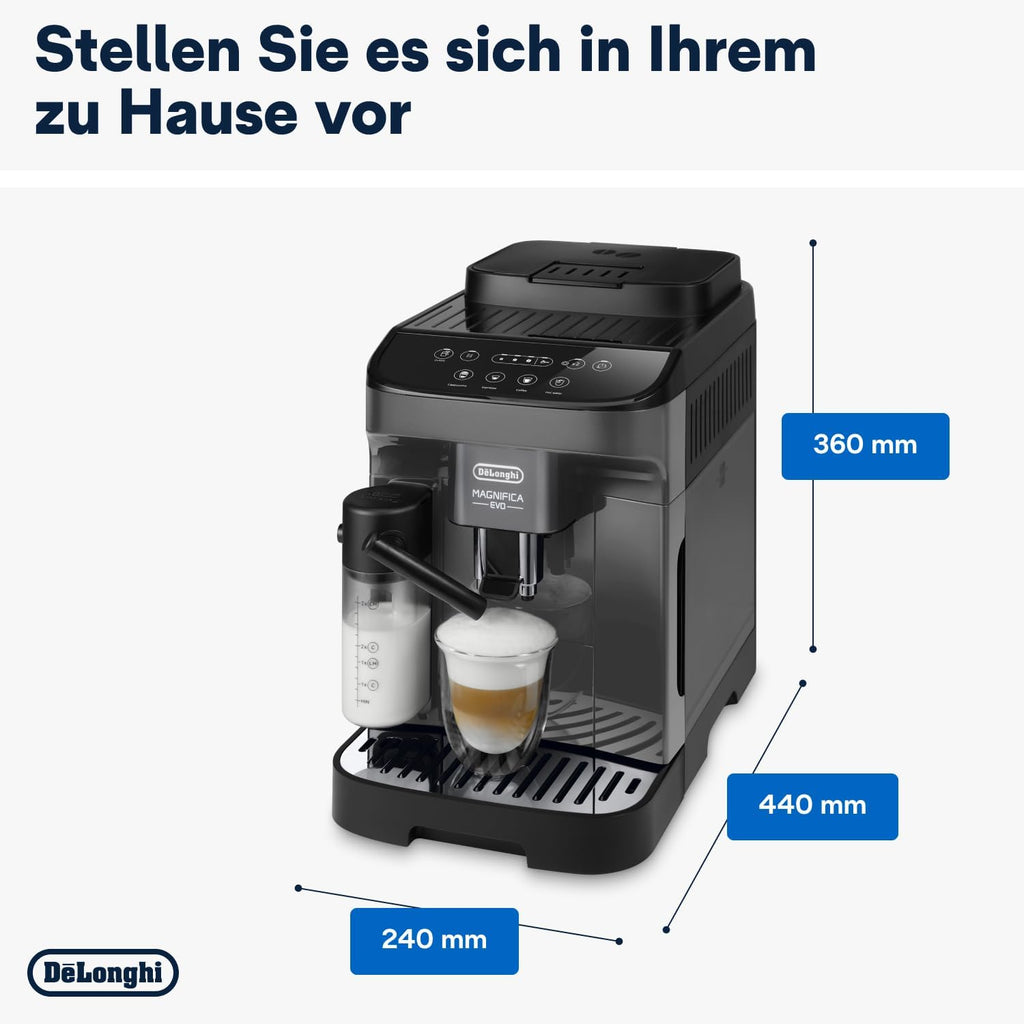 De'Longhi Magnifica Evo ECAM292.81.SB, macchina da caffè automatica con sistema latte, 7 tasti per selezione diretta di cappuccino, espresso e altre specialità di caffè, pannello di controllo, funzione 2 tazze, argento/nero