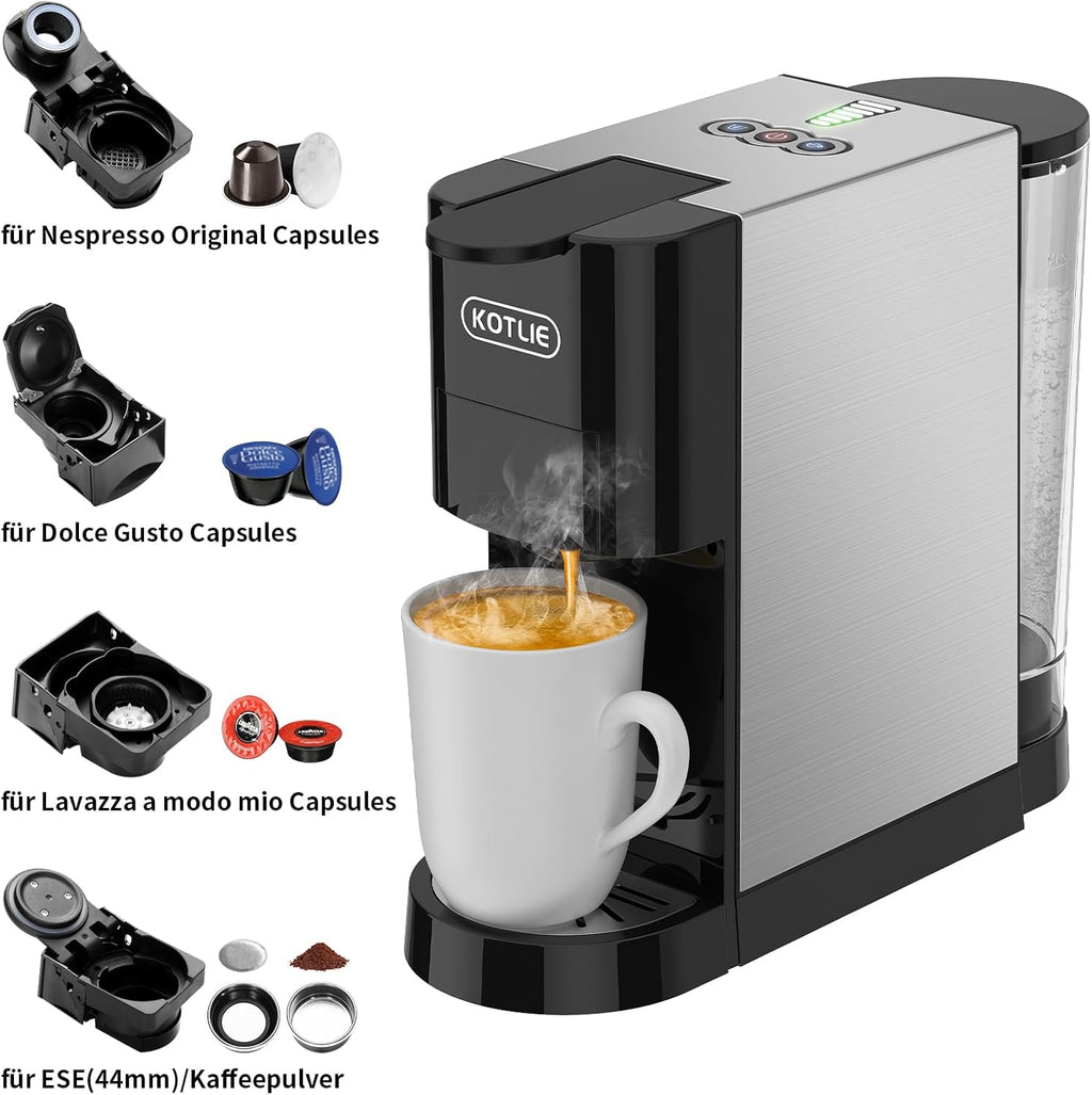 KOTLIE AC-513HF 5 in 1 Kaffeemaschine für NES/DG/a modo mio/Gemahlener Kaffee/ESE(44mm), Höhe für große Tassen (Schwarz)