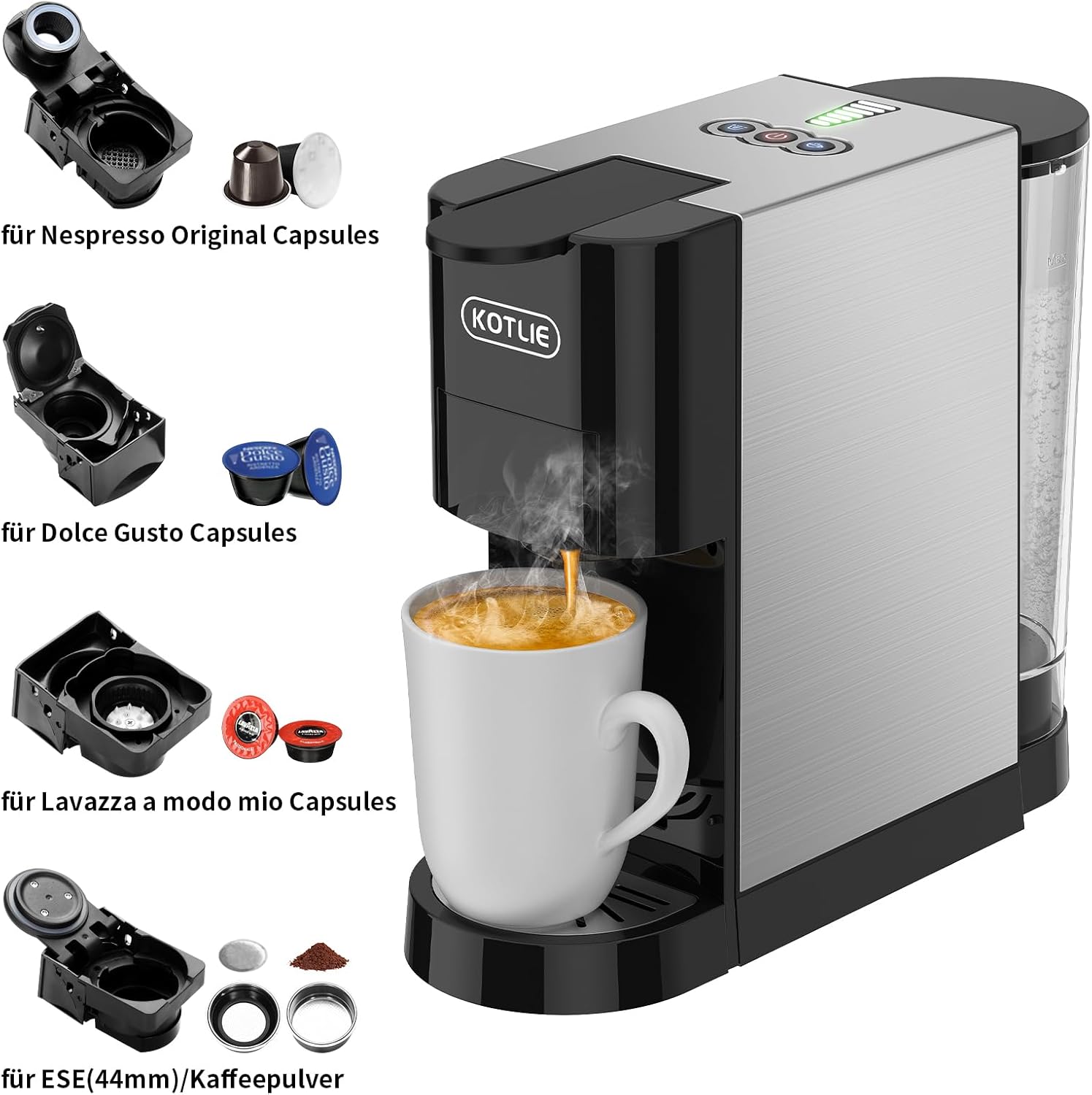 KOTLIE AC-513HF 5 in 1 Kaffeemaschine für NES/DG/a modo mio/Gemahlener Kaffee/ESE(44mm), Höhe für große Tassen (Schwarz)