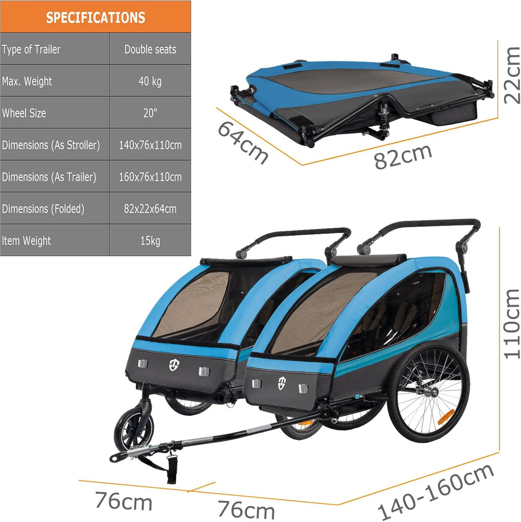 Tiggo VS Kinderanhänger 360° Drehbar mit Federung 2in1 Fahrradanhänger mit Buggy Set Jogger 5-Punkt Gurt Fahrrad Anhänger für 1 bis 2 Kinder max. 40kg